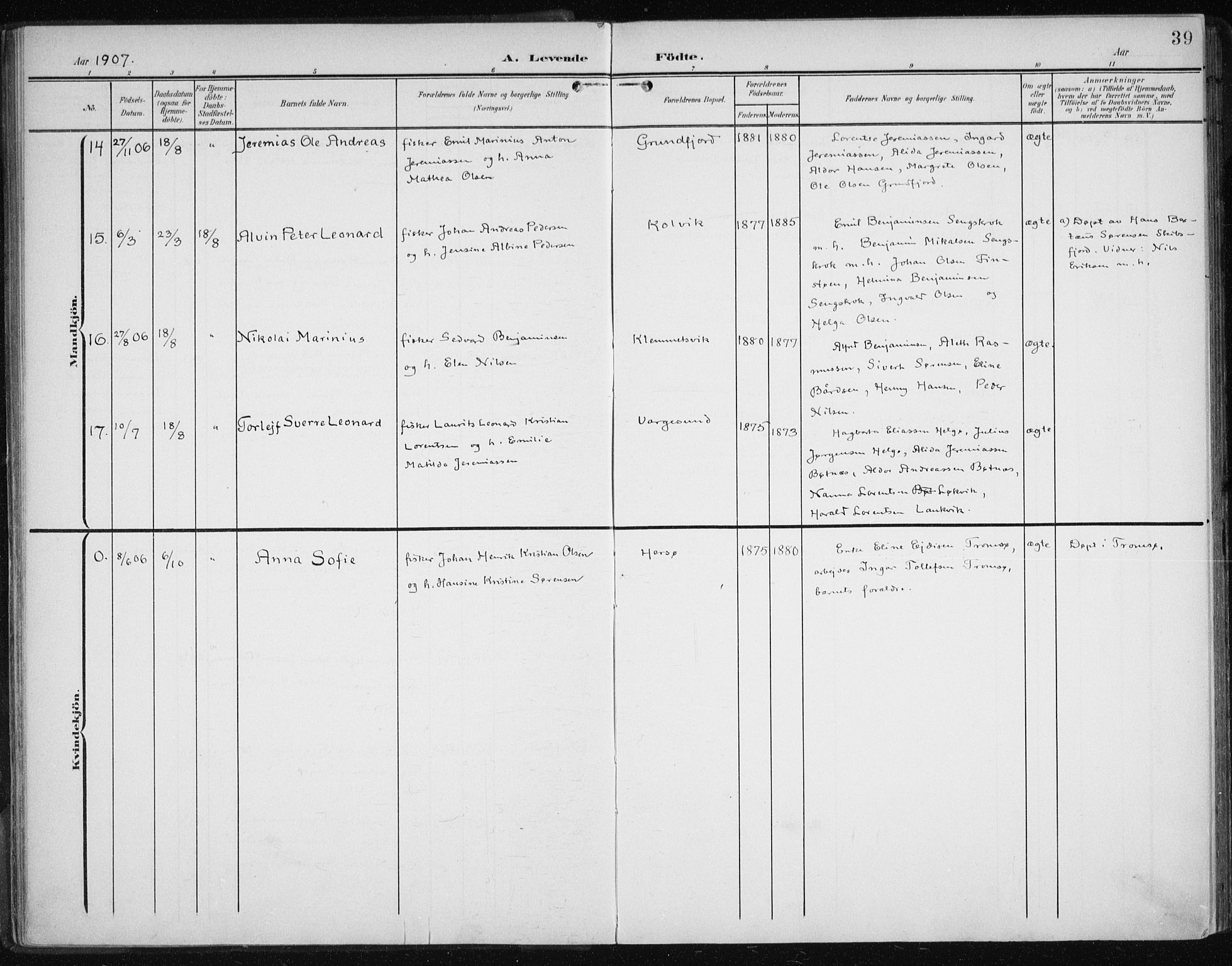 Karlsøy sokneprestembete, AV/SATØ-S-1299/H/Ha/Haa/L0013kirke: Ministerialbok nr. 13, 1902-1916, s. 39