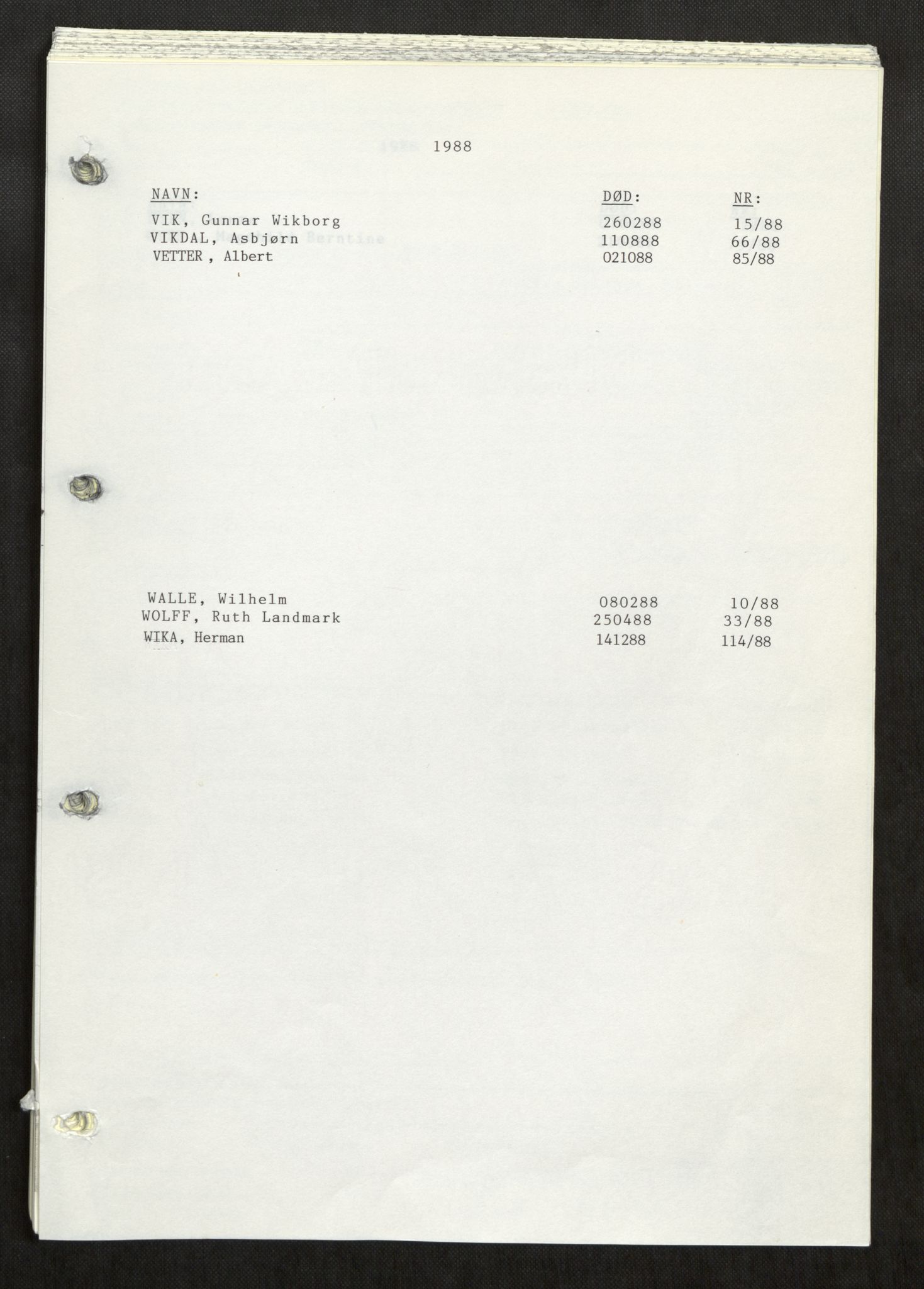 Vefsn lensmannskontor, SAT/A-5714/4/Gh/L0003: Dødsfallprotokoll, 1985-1989