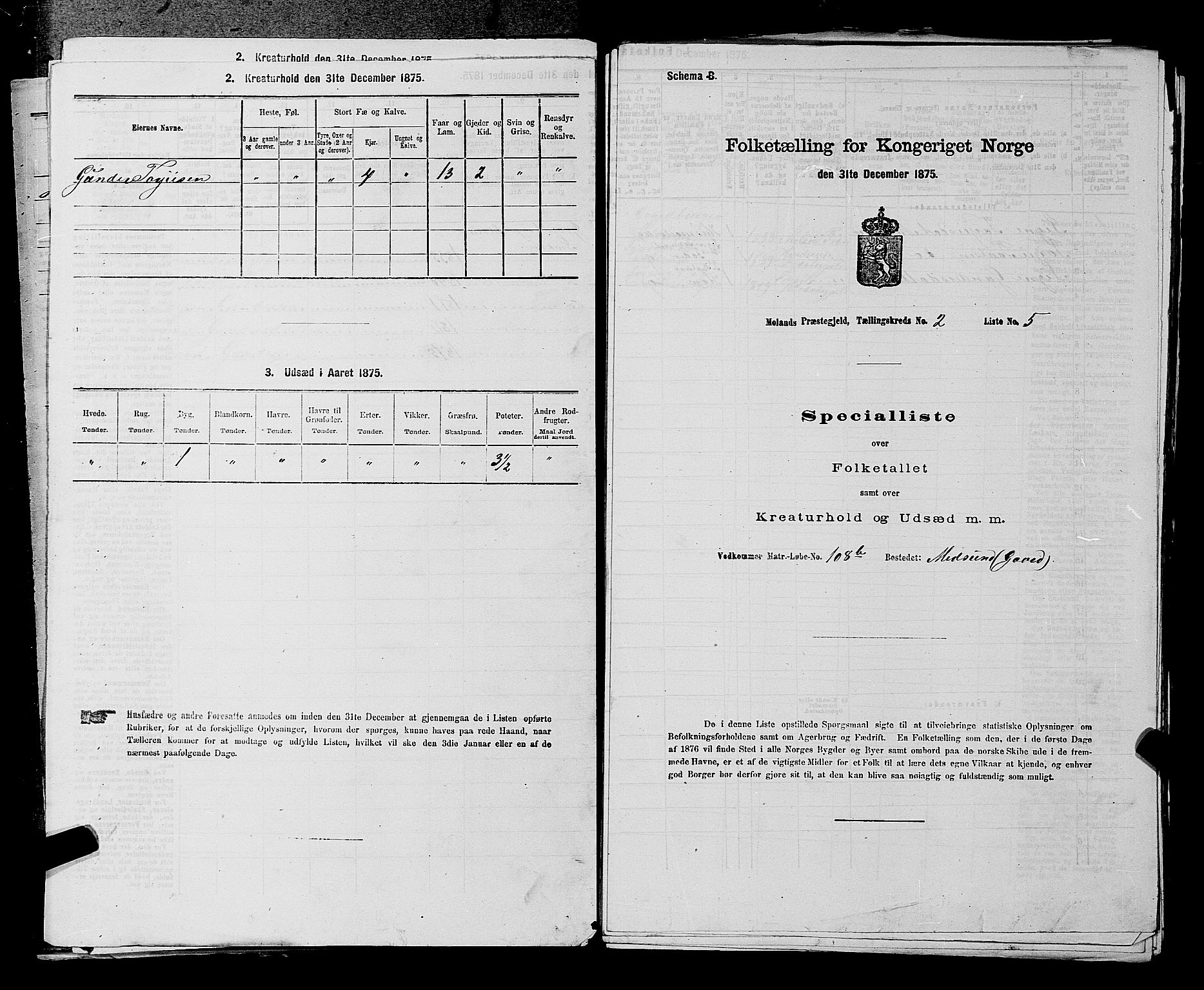 SAKO, Folketelling 1875 for 0831P Moland prestegjeld, 1875, s. 148