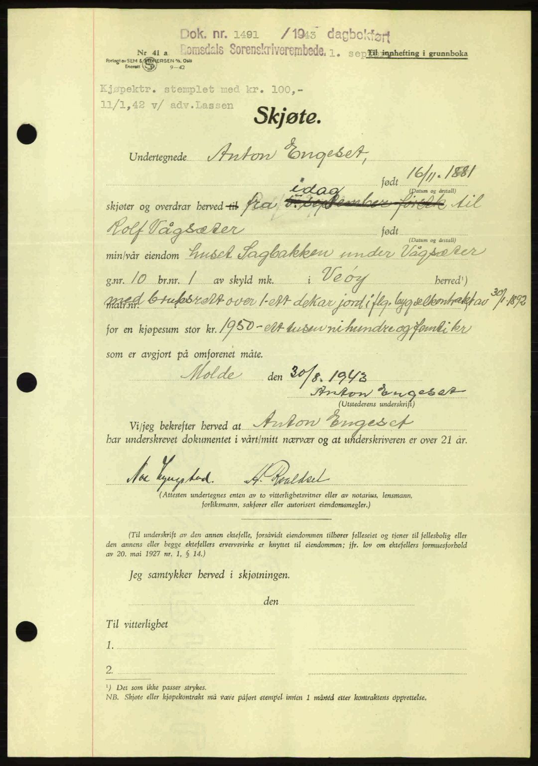 Romsdal sorenskriveri, AV/SAT-A-4149/1/2/2C: Pantebok nr. A14, 1943-1943, Dagboknr: 1491/1943