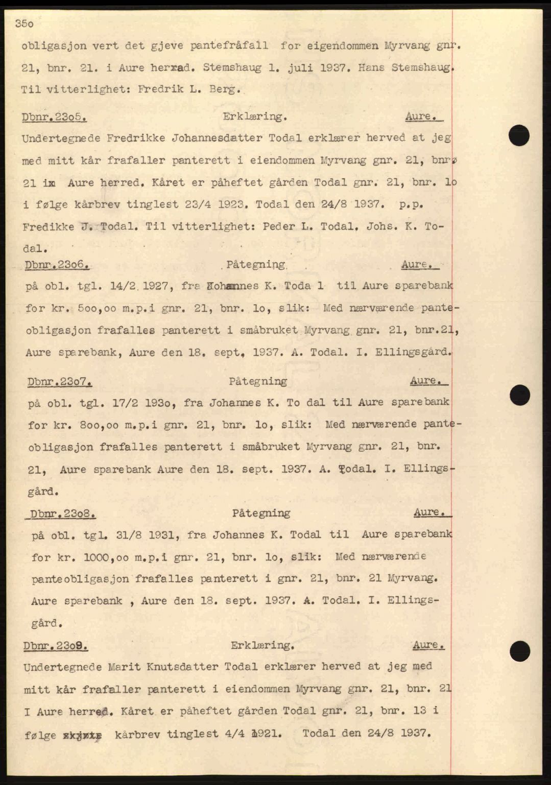 Nordmøre sorenskriveri, SAT/A-4132/1/2/2Ca: Pantebok nr. C80, 1936-1939, Dagboknr: 2305/1937