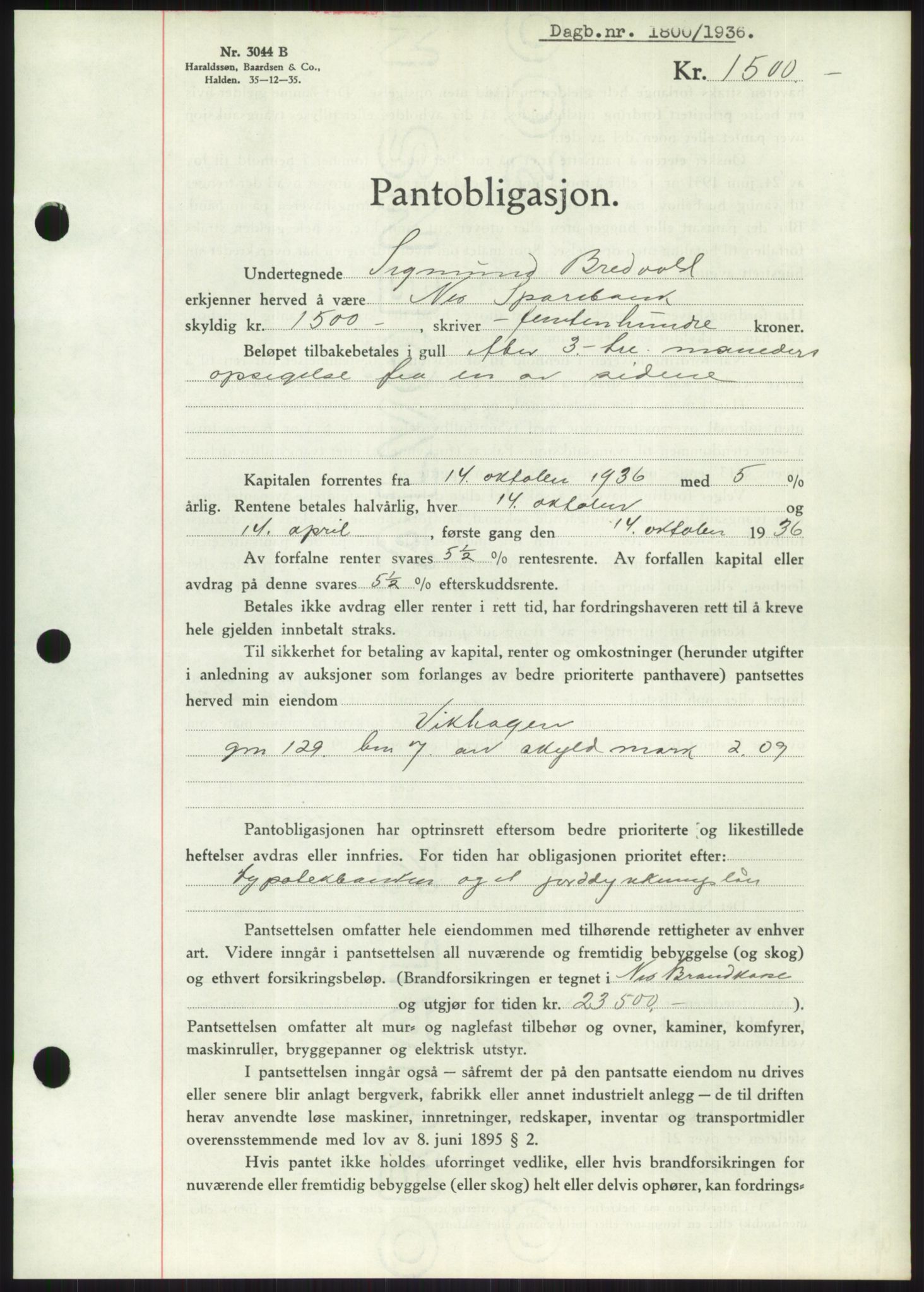 Nord-Hedmark sorenskriveri, SAH/TING-012/H/Hb/Hbf/L0001: Pantebok nr. B1, 1936-1936, Dagboknr: 1800/1936