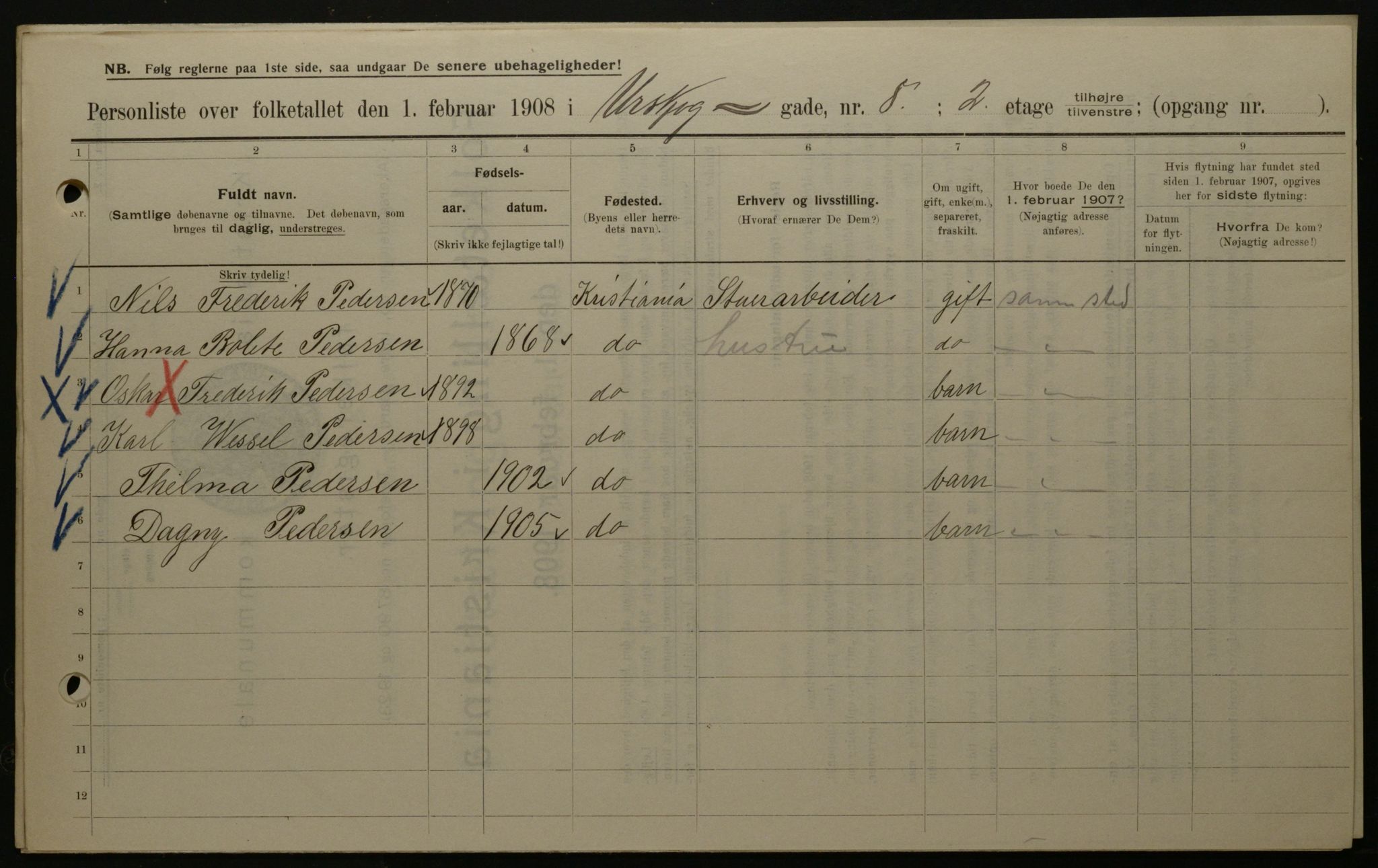 OBA, Kommunal folketelling 1.2.1908 for Kristiania kjøpstad, 1908, s. 2664