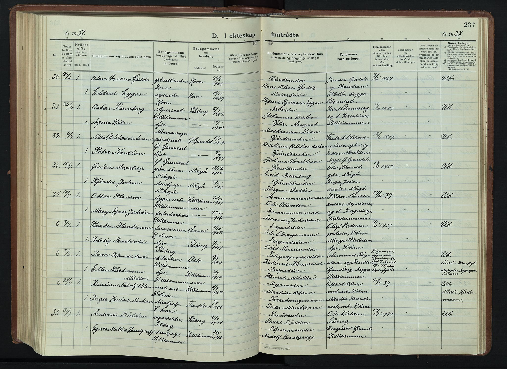 Lillehammer prestekontor, AV/SAH-PREST-088/H/Ha/Hab/L0003: Klokkerbok nr. 3, 1927-1943, s. 237