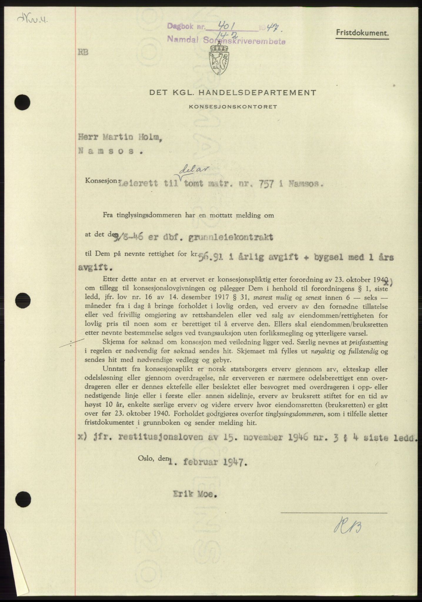 Namdal sorenskriveri, SAT/A-4133/1/2/2C: Pantebok nr. -, 1946-1947, Dagboknr: 401/1947