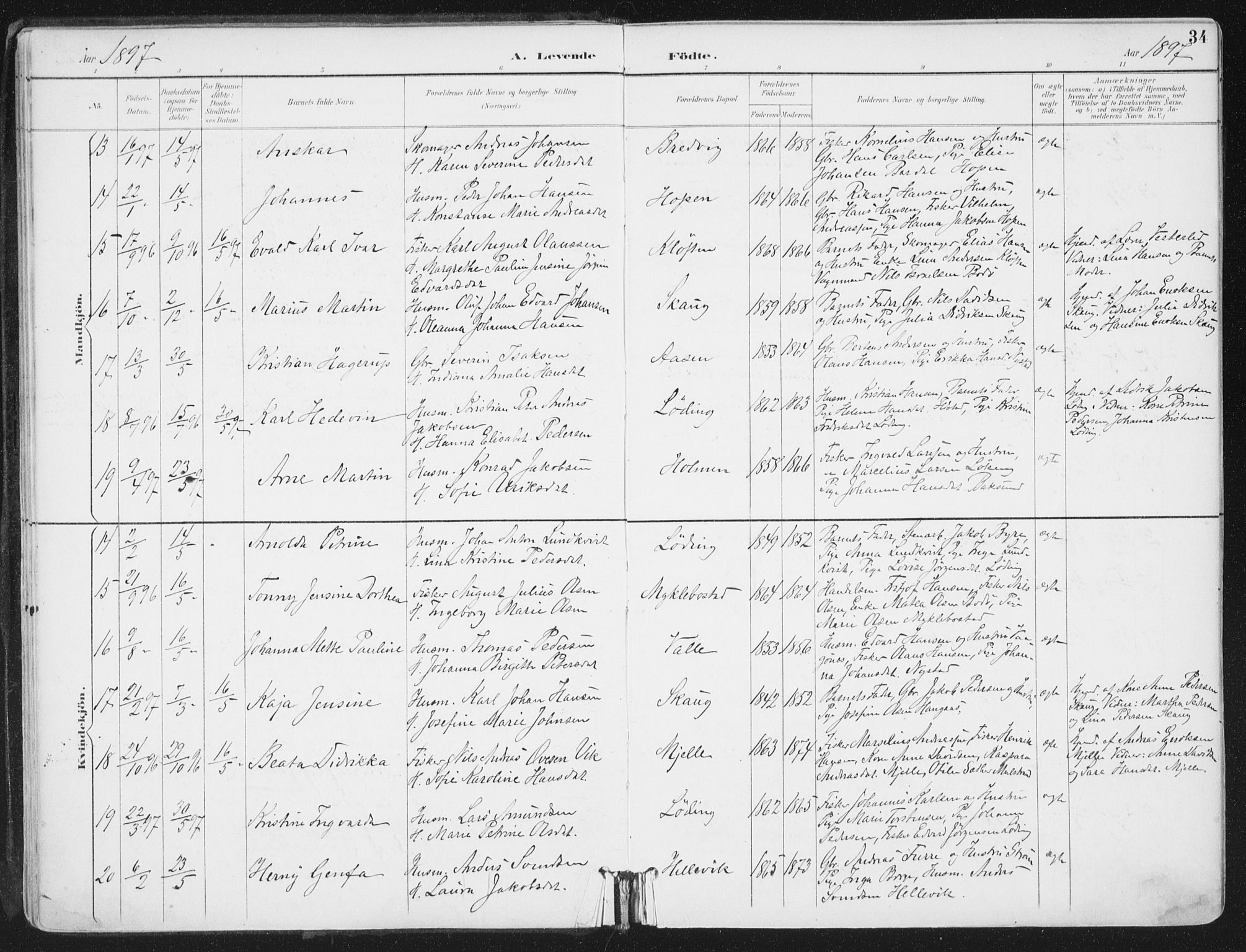 Ministerialprotokoller, klokkerbøker og fødselsregistre - Nordland, AV/SAT-A-1459/802/L0055: Ministerialbok nr. 802A02, 1894-1915, s. 34