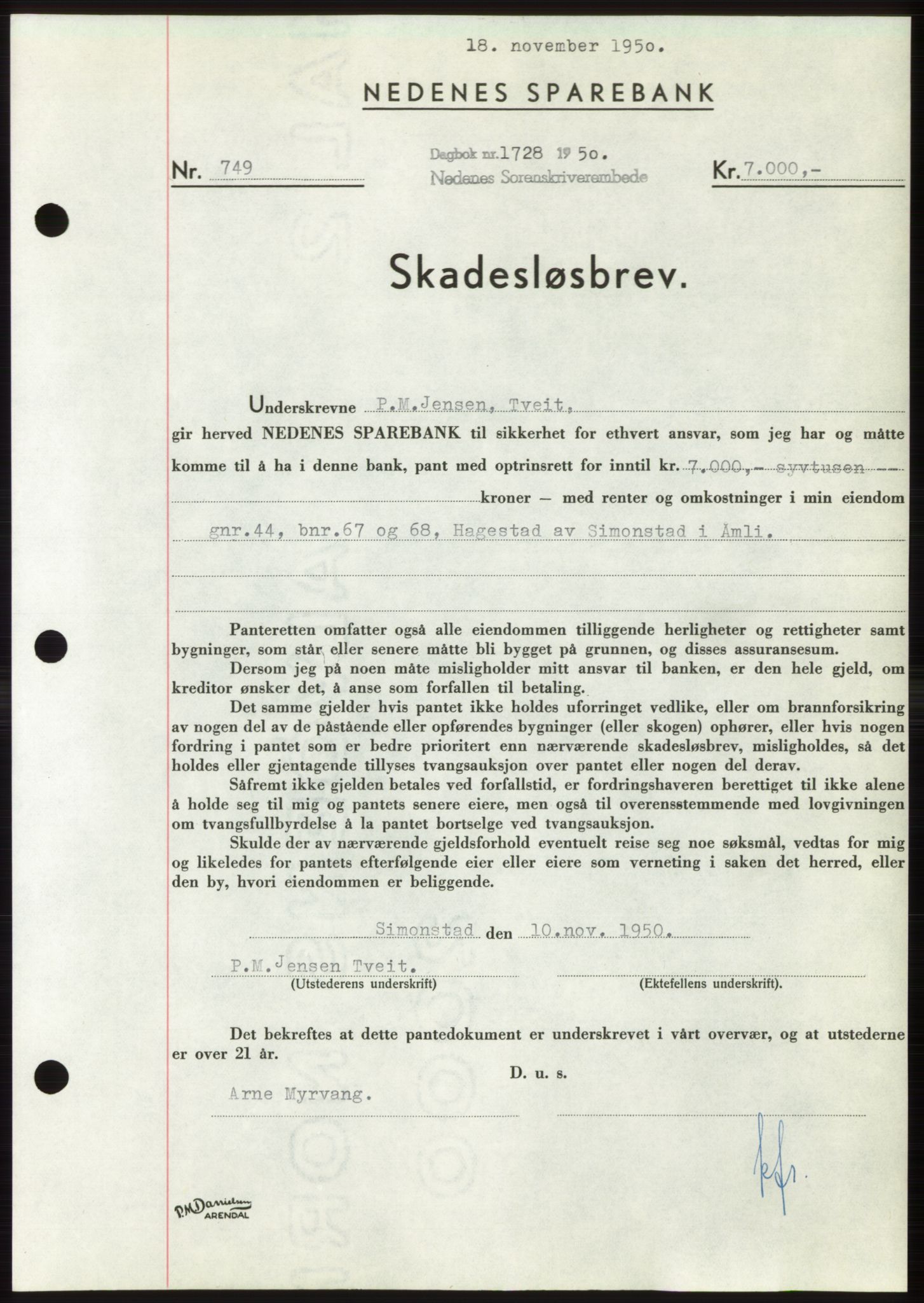 Nedenes sorenskriveri, SAK/1221-0006/G/Gb/Gbb/L0008: Pantebok nr. B8, 1950-1950, Dagboknr: 1728/1950