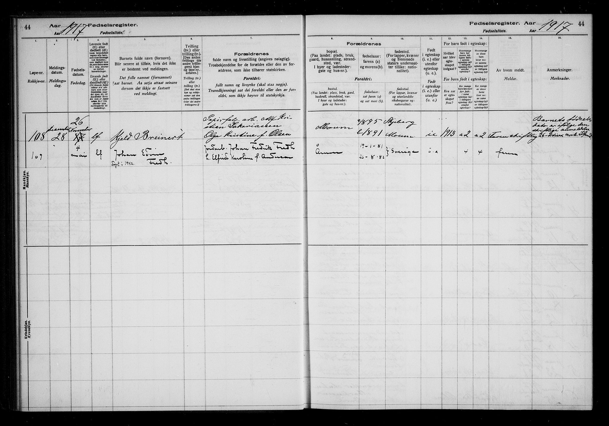 Borge prestekontor Kirkebøker, AV/SAO-A-10903/J/Ja/L0001: Fødselsregister nr. I 1, 1916-1925, s. 44