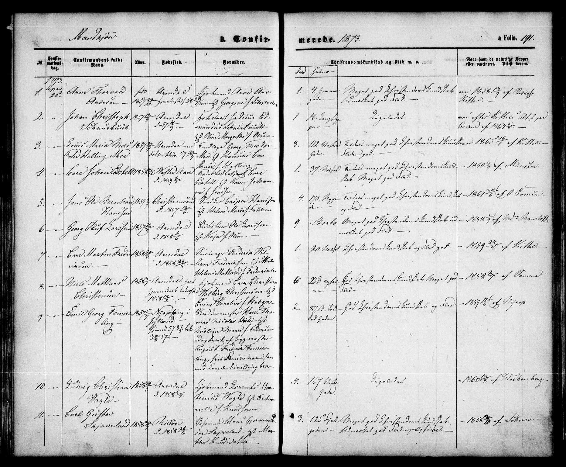 Arendal sokneprestkontor, Trefoldighet, AV/SAK-1111-0040/F/Fa/L0007: Ministerialbok nr. A 7, 1868-1878, s. 191