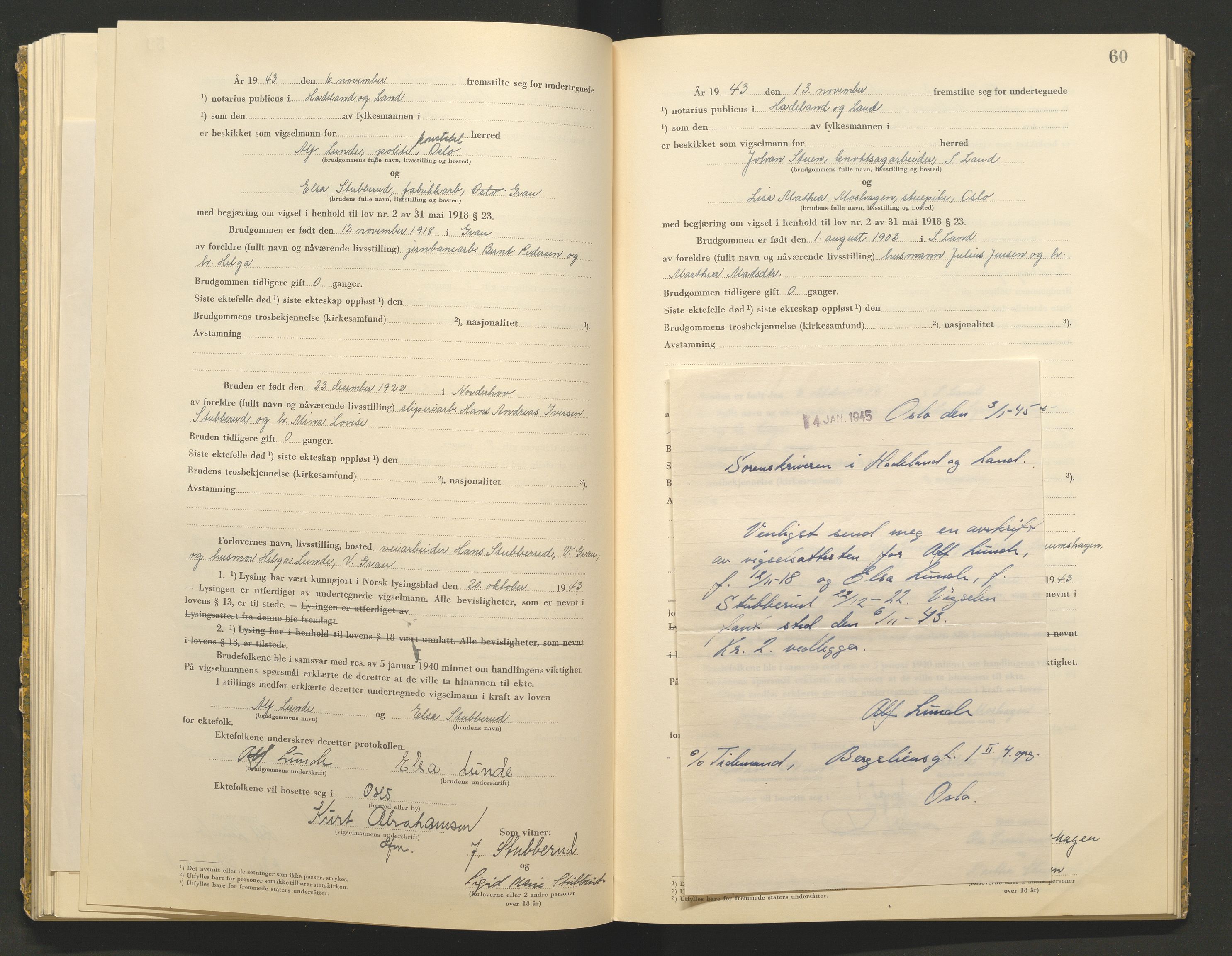 Hadeland og Land tingrett, AV/SAH-TING-010/L/Lb/L0002: Vigselbok, 1943-1944, s. 60