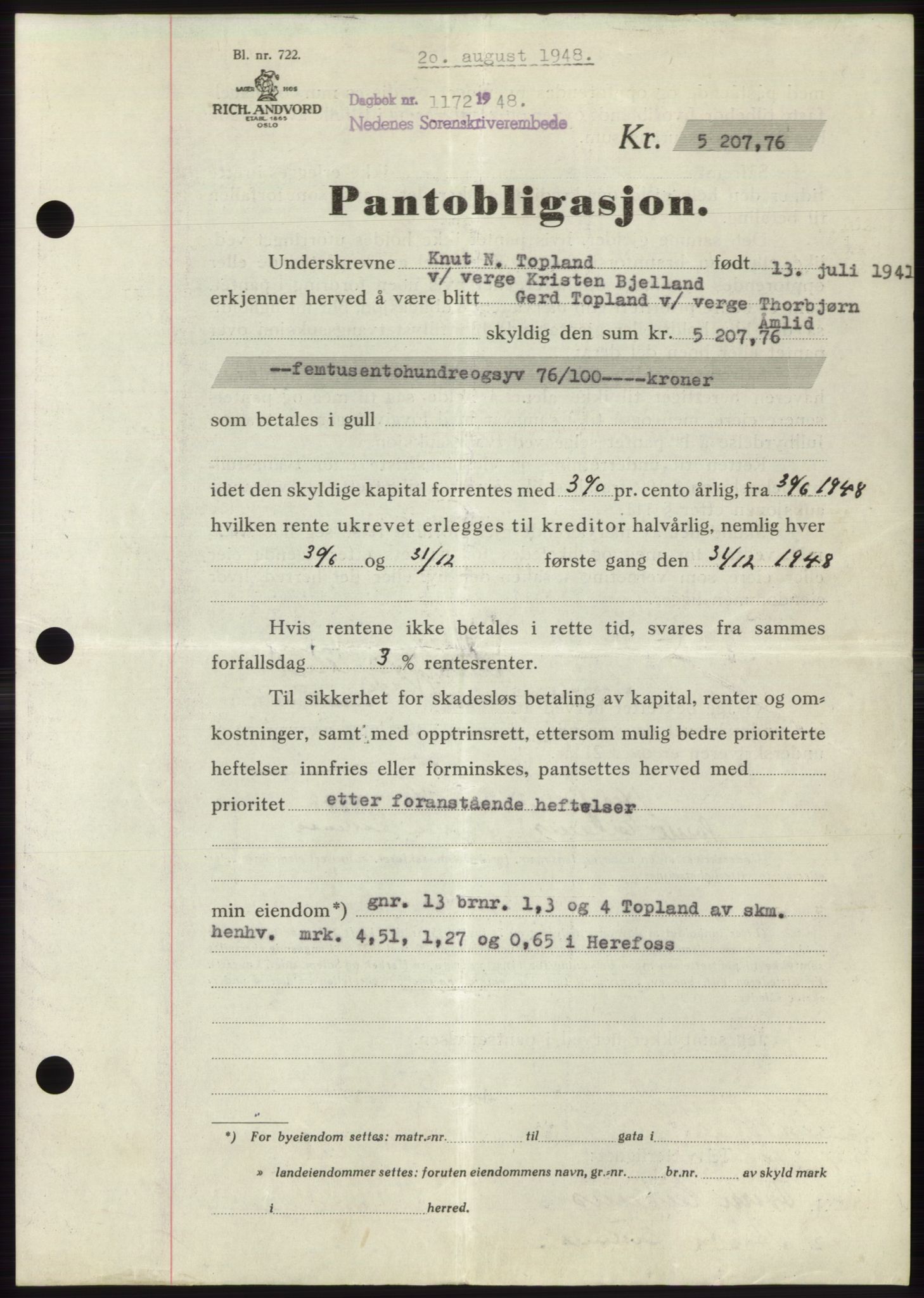 Nedenes sorenskriveri, AV/SAK-1221-0006/G/Gb/Gbb/L0005: Pantebok nr. B5, 1948-1948, Dagboknr: 1172/1948