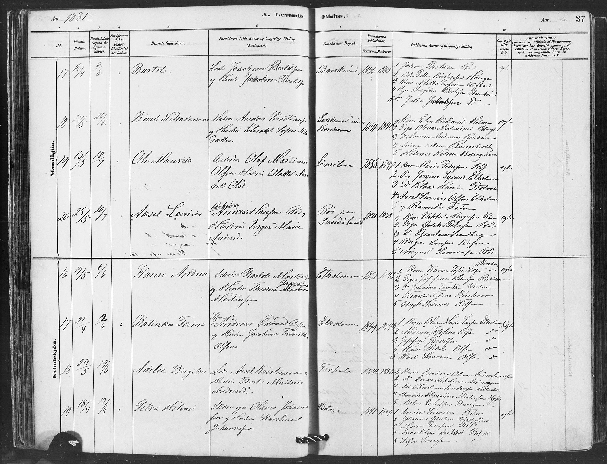 Hvaler prestekontor Kirkebøker, AV/SAO-A-2001/F/Fa/L0008: Ministerialbok nr. I 8, 1878-1895, s. 37