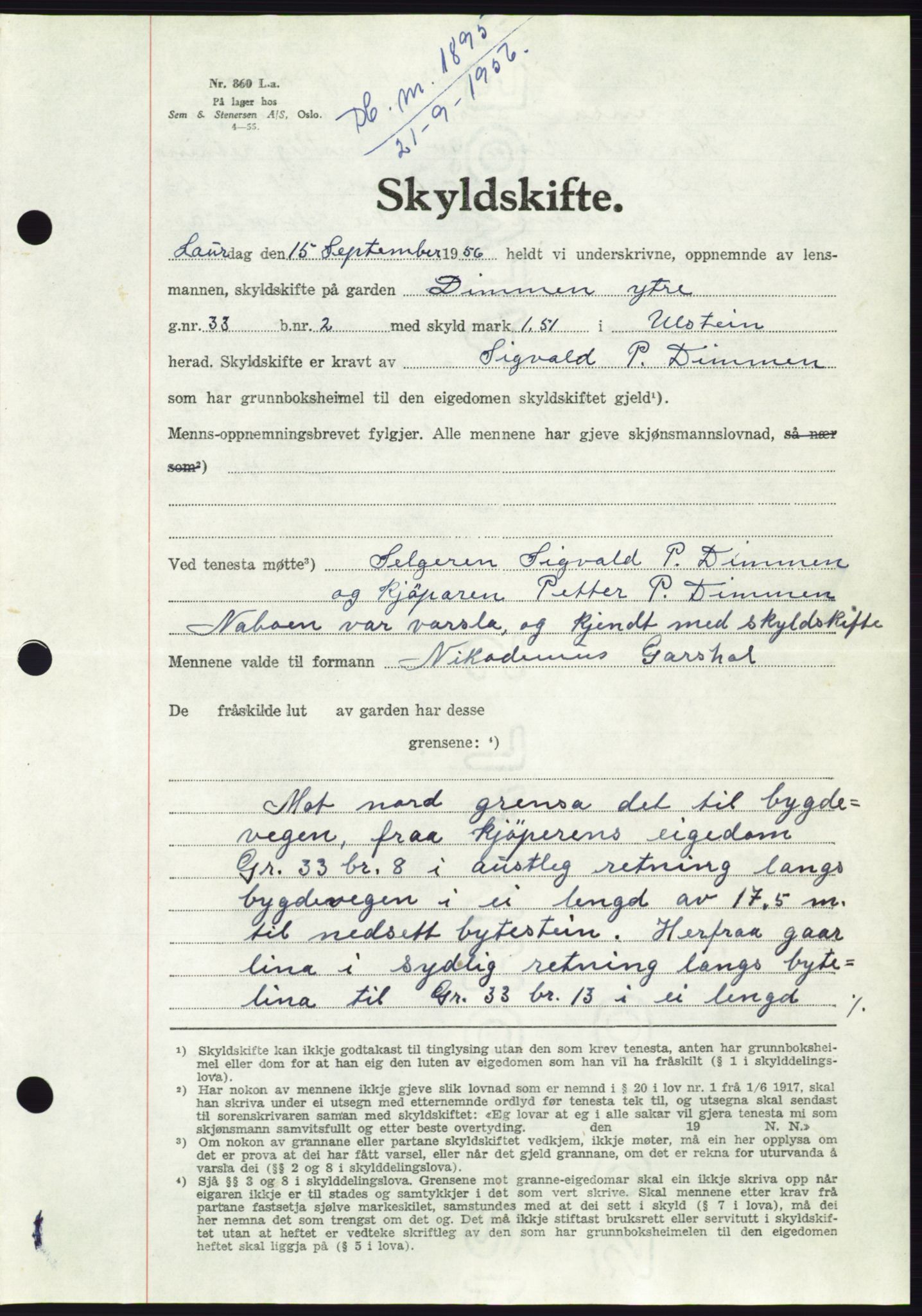 Søre Sunnmøre sorenskriveri, AV/SAT-A-4122/1/2/2C/L0104: Pantebok nr. 30A, 1956-1956, Dagboknr: 1895/1956