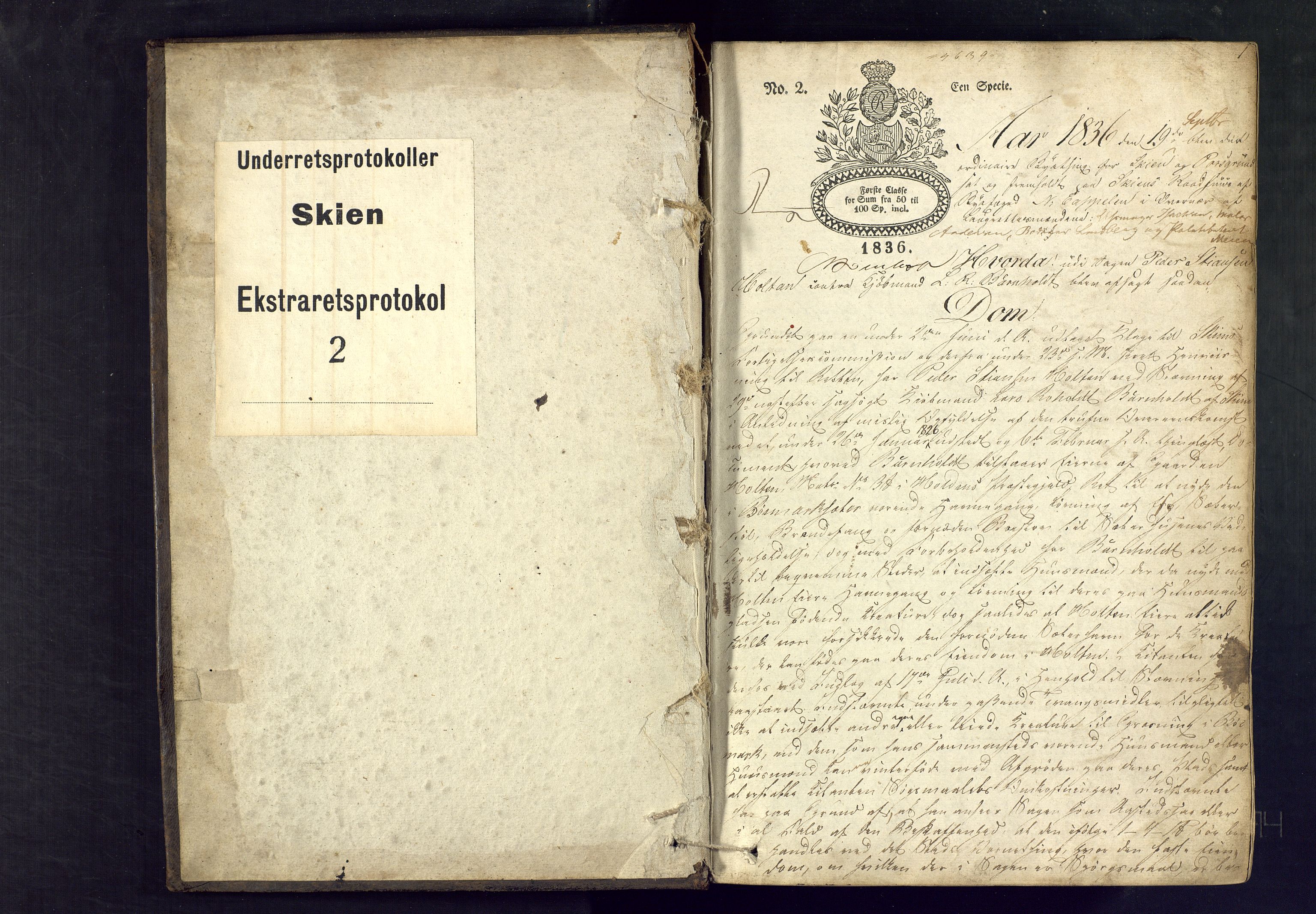 Skien byfogd, AV/SAKO-A-219/F/Fc/L0002: Sivil ekstrarettsprotokoll., 1836-1843, s. 1
