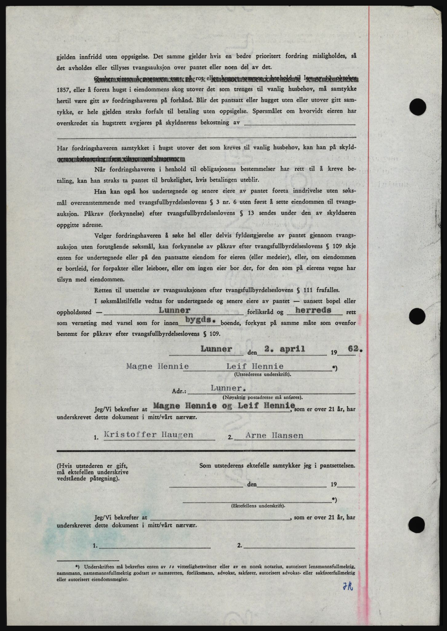 Hadeland og Land tingrett, AV/SAH-TING-010/H/Hb/Hbc/L0048: Pantebok nr. B48, 1962-1962, Dagboknr: 1974/1962