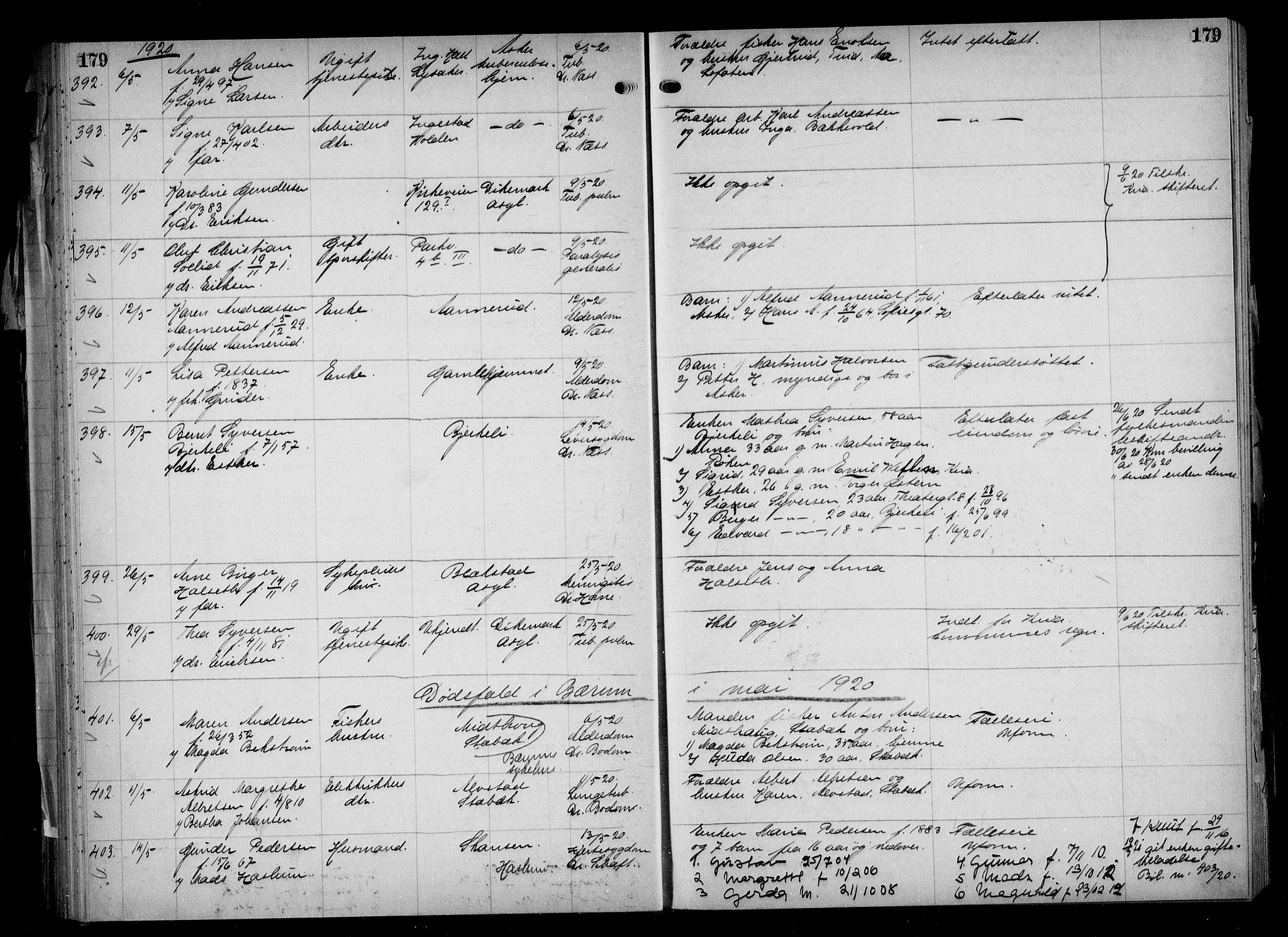 Aker kriminaldommer, skifte- og auksjonsforvalterembete, AV/SAO-A-10452/H/Hb/Hba/Hbaa/L0005: Dødsfallsprotokoll, 1918-1922, s. 179