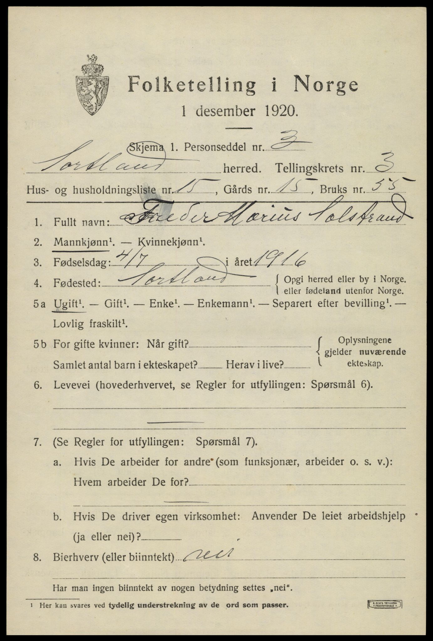 SAT, Folketelling 1920 for 1870 Sortland herred, 1920, s. 3808