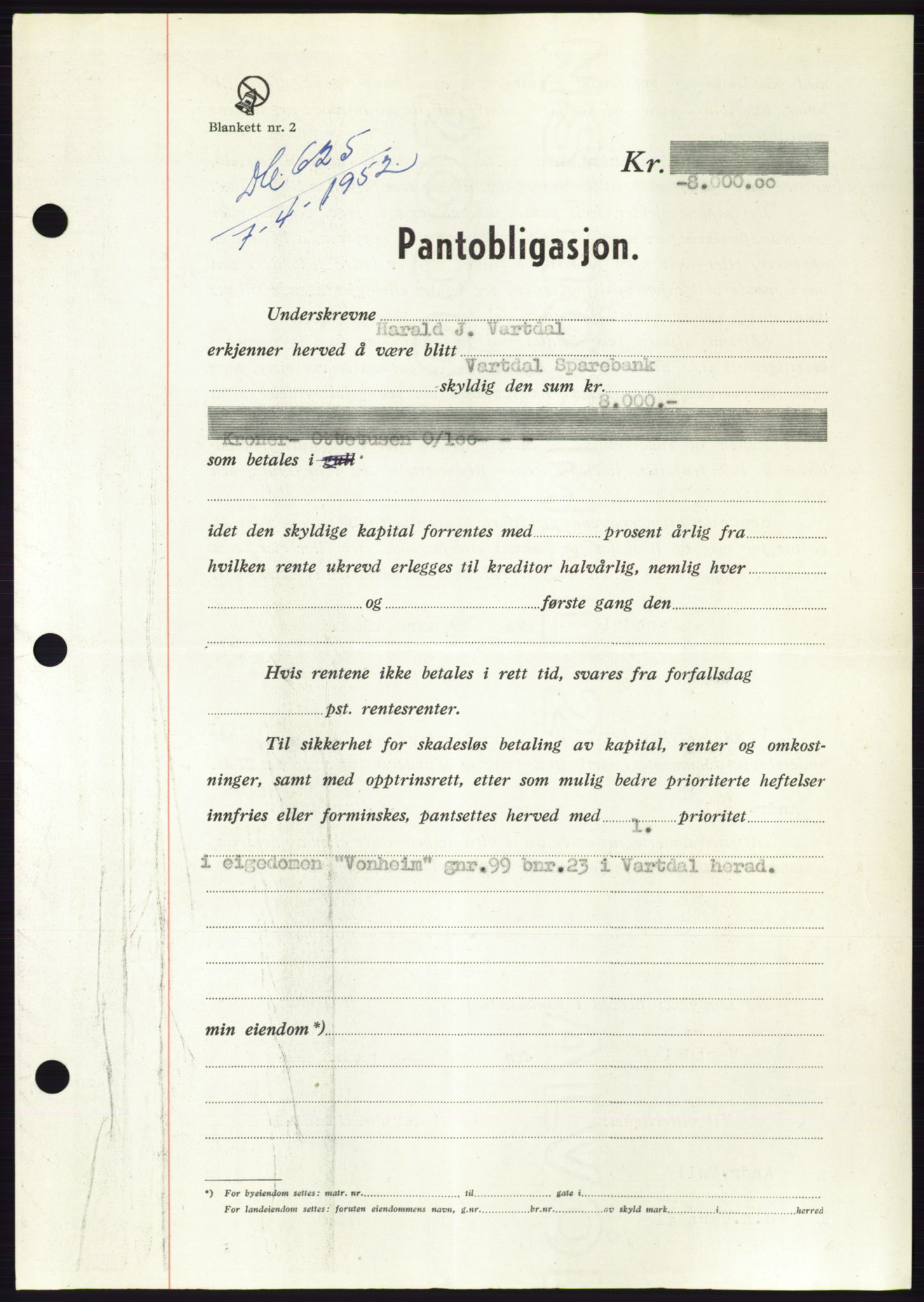Søre Sunnmøre sorenskriveri, AV/SAT-A-4122/1/2/2C/L0121: Pantebok nr. 9B, 1951-1952, Dagboknr: 625/1952