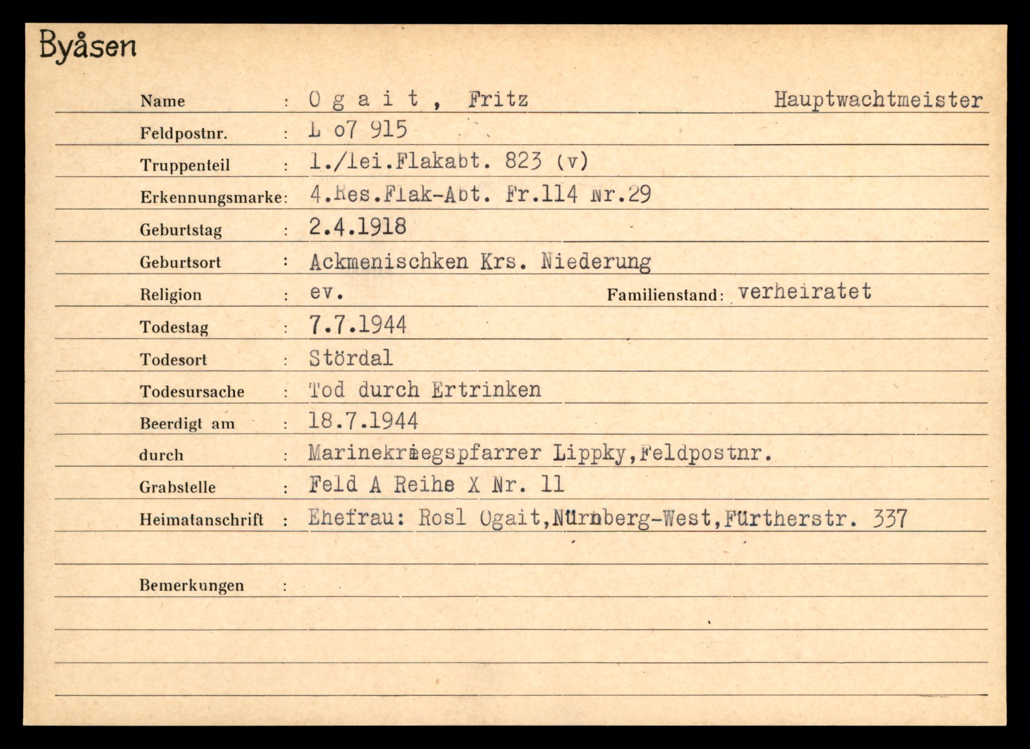 Distriktskontoret for krigsgraver, SAT/A-5030/E/L0004: Kasett/kartotek over tysk Krigskirkegård på Byåsen, 1945, s. 1233