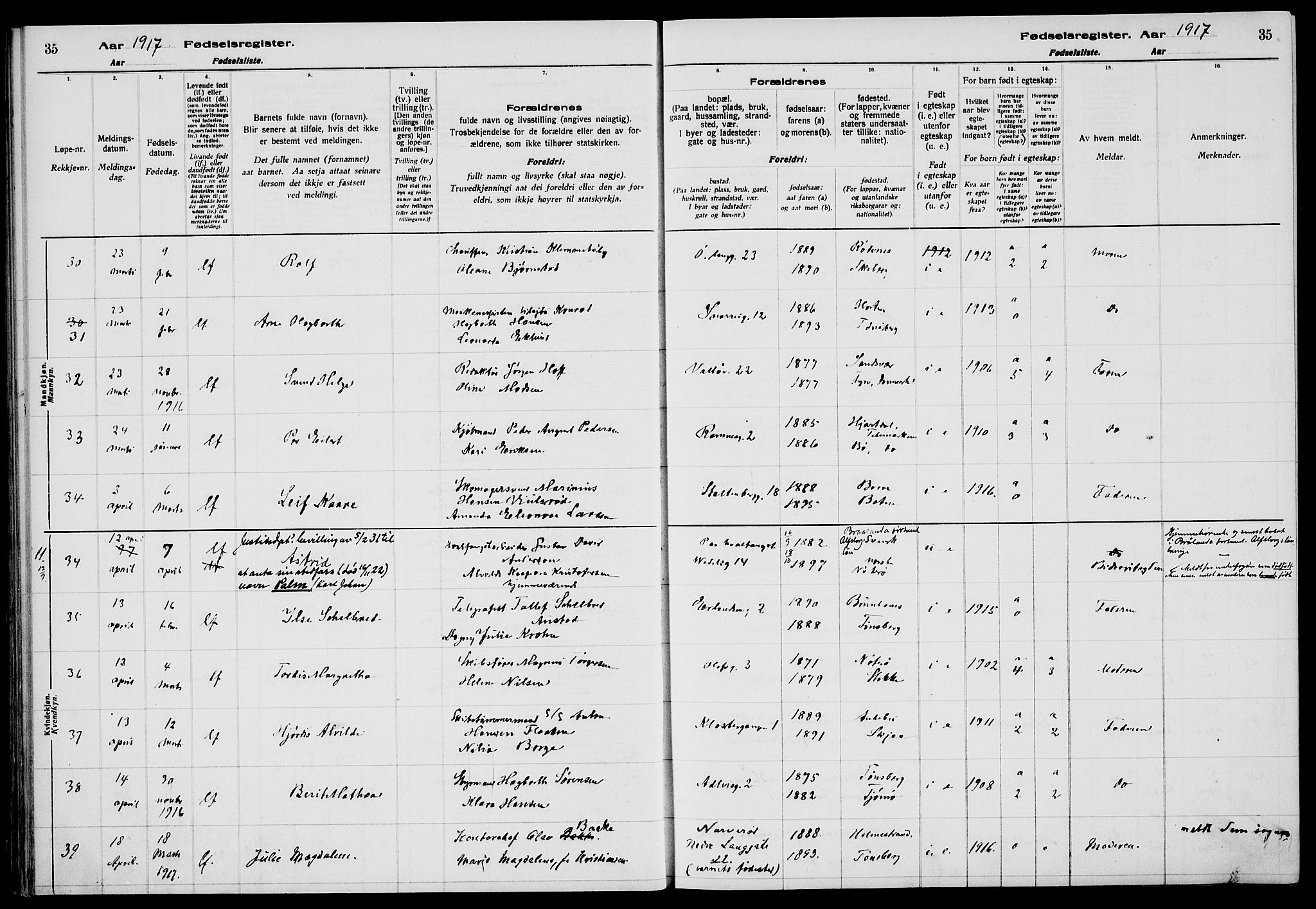 Tønsberg kirkebøker, AV/SAKO-A-330/J/Ja/L0001: Fødselsregister nr. 1, 1916-1922, s. 35