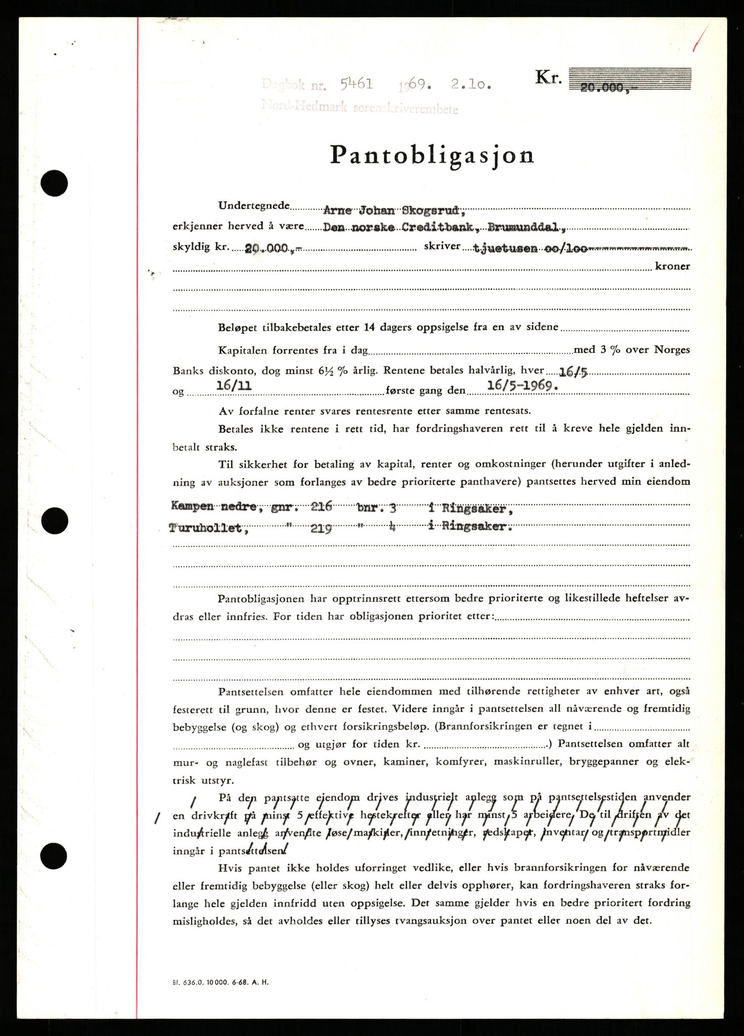 Nord-Hedmark sorenskriveri, SAH/TING-012/H/Hb/Hbf/L0081: Pantebok nr. B81, 1969-1969, Dagboknr: 5461/1969