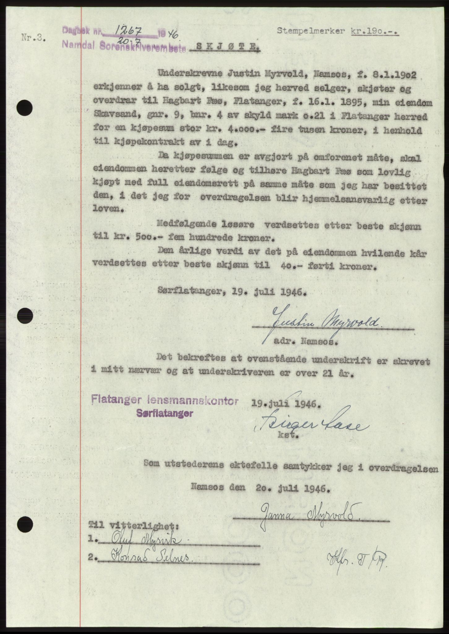Namdal sorenskriveri, SAT/A-4133/1/2/2C: Pantebok nr. -, 1946-1946, Dagboknr: 1267/1946