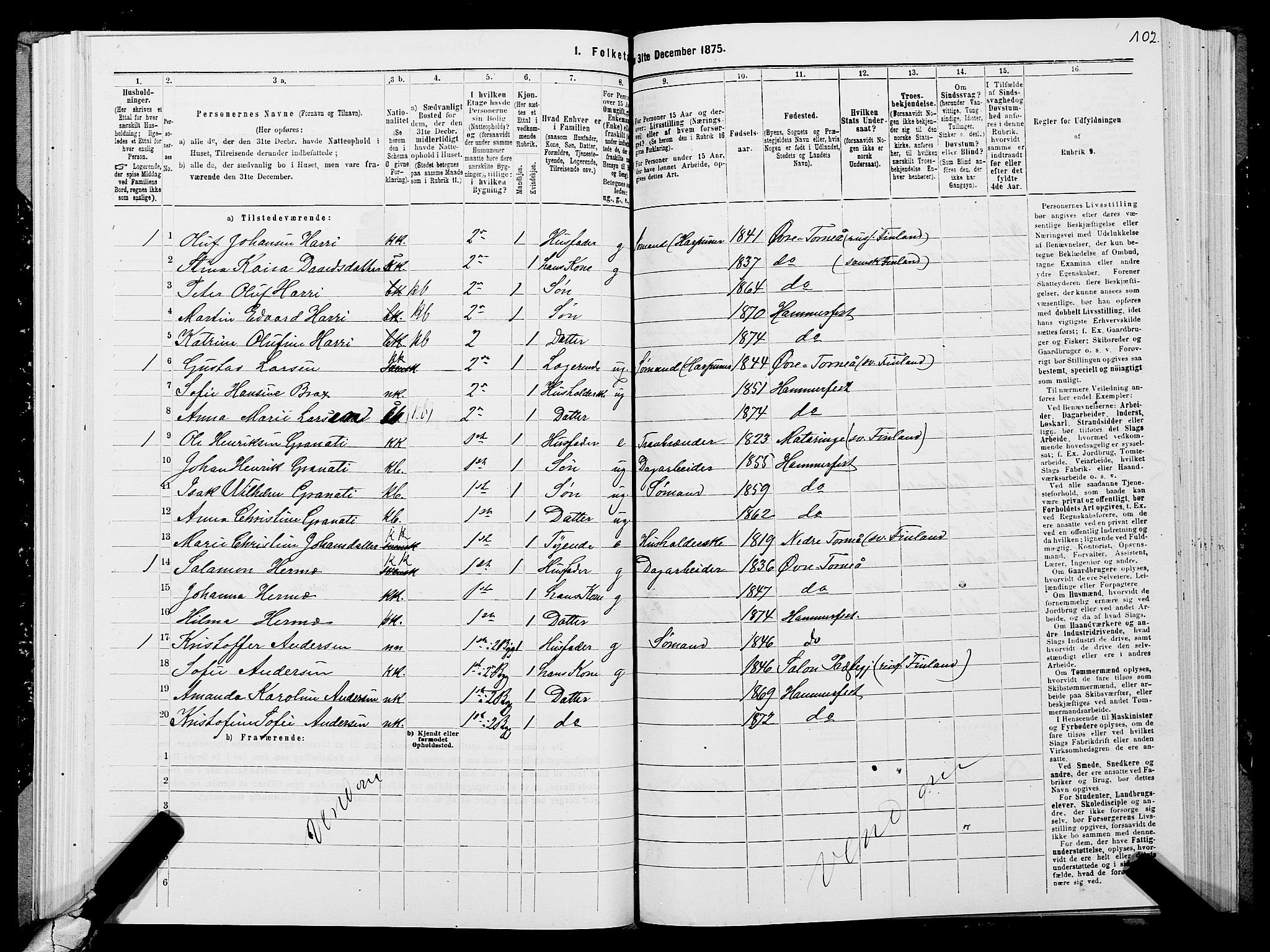 SATØ, Folketelling 1875 for 2001B Hammerfest prestegjeld, Hammerfest kjøpstad, 1875, s. 1102