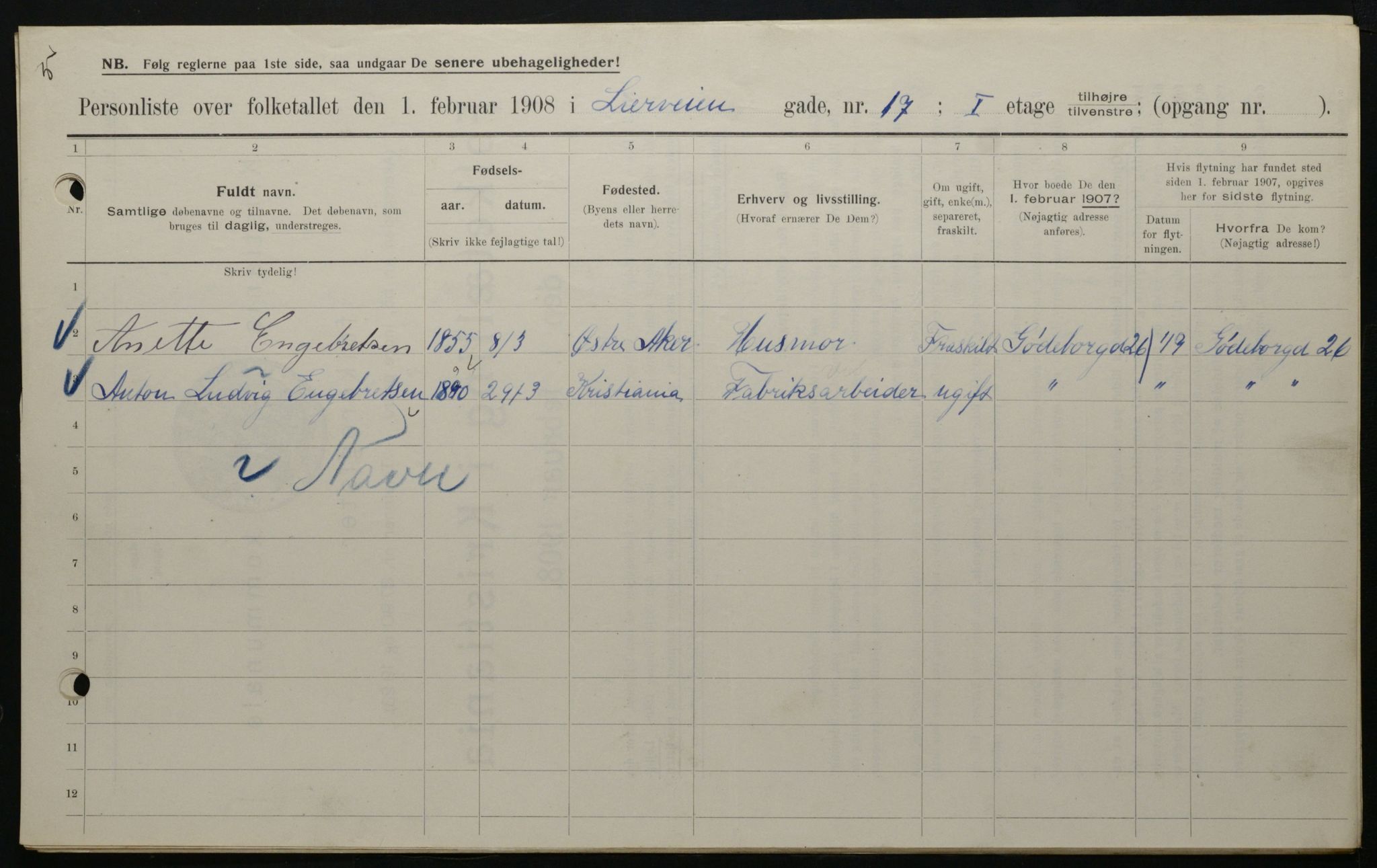 OBA, Kommunal folketelling 1.2.1908 for Kristiania kjøpstad, 1908, s. 51614