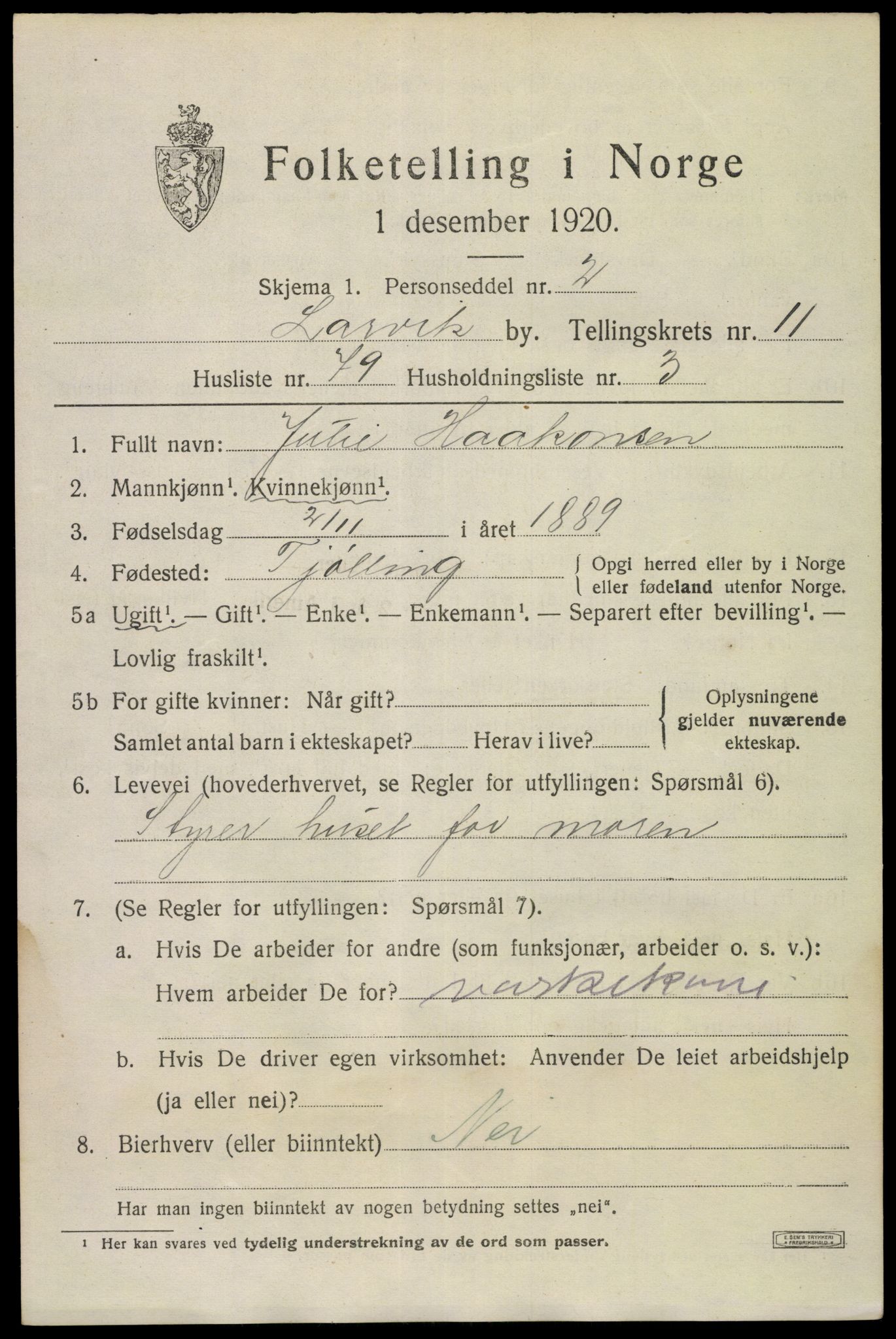 SAKO, Folketelling 1920 for 0707 Larvik kjøpstad, 1920, s. 29912