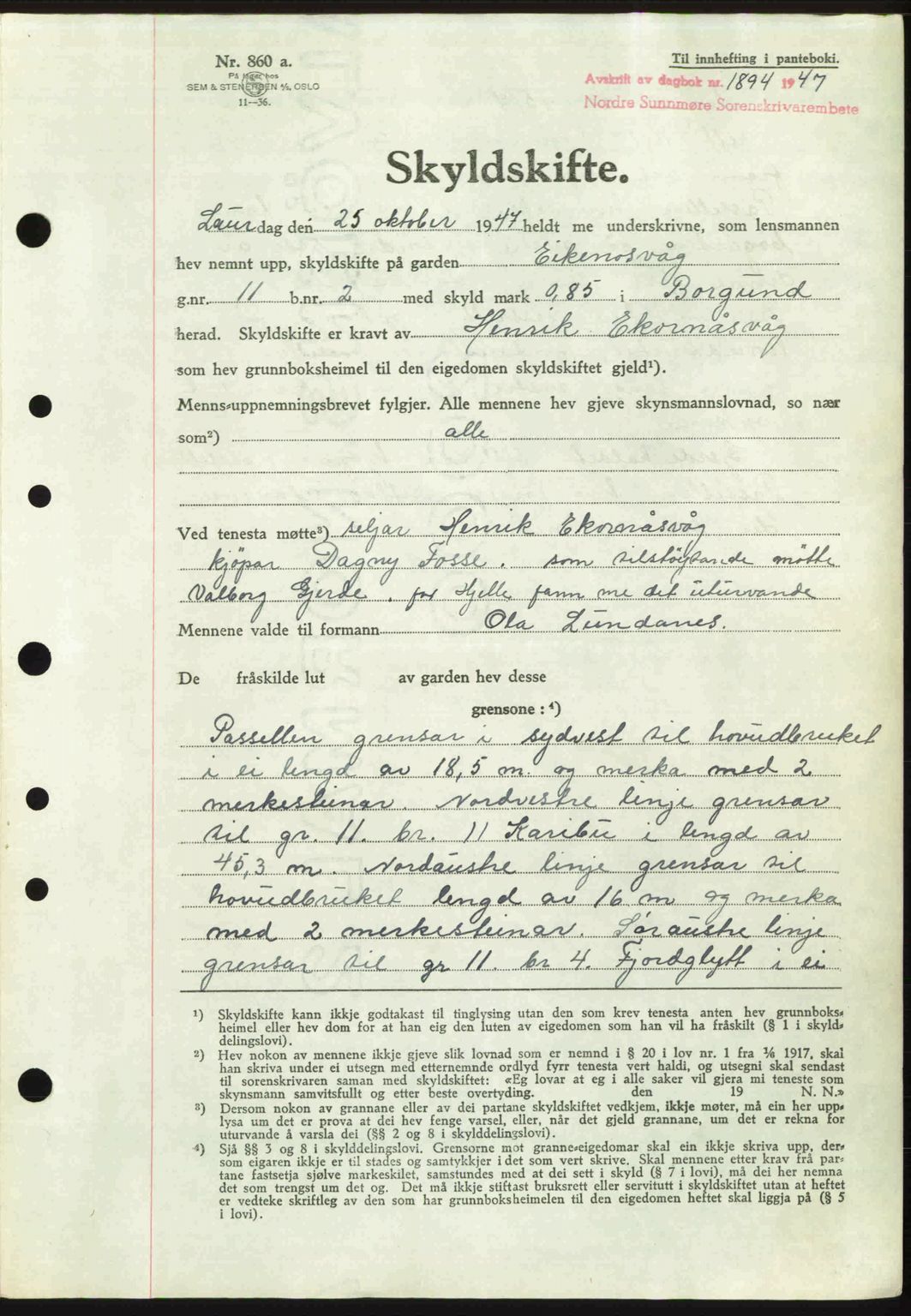 Nordre Sunnmøre sorenskriveri, AV/SAT-A-0006/1/2/2C/2Ca: Pantebok nr. A25, 1947-1947, Dagboknr: 1894/1947