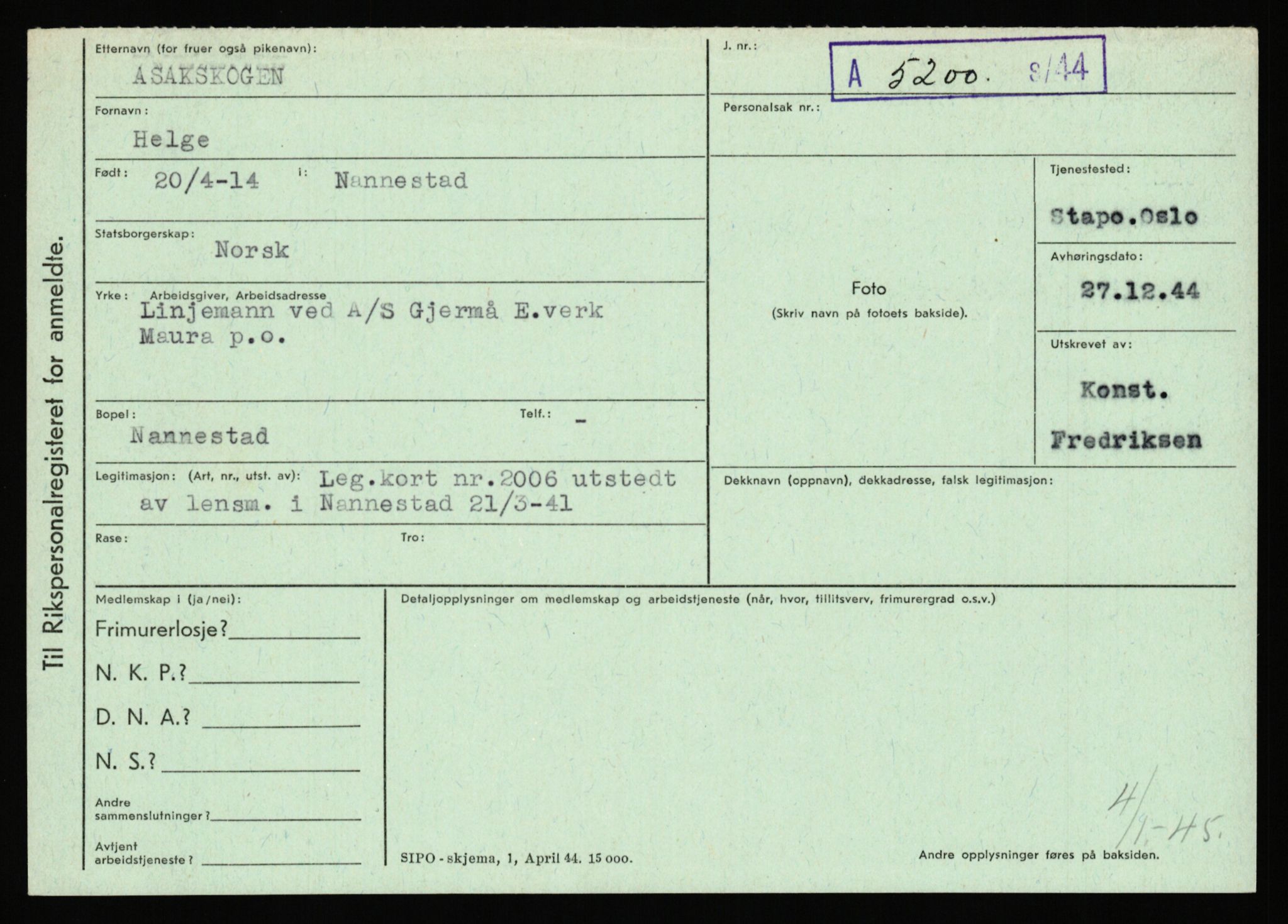 Statspolitiet - Hovedkontoret / Osloavdelingen, AV/RA-S-1329/C/Ca/L0002: Arneberg - Brand, 1943-1945, s. 344