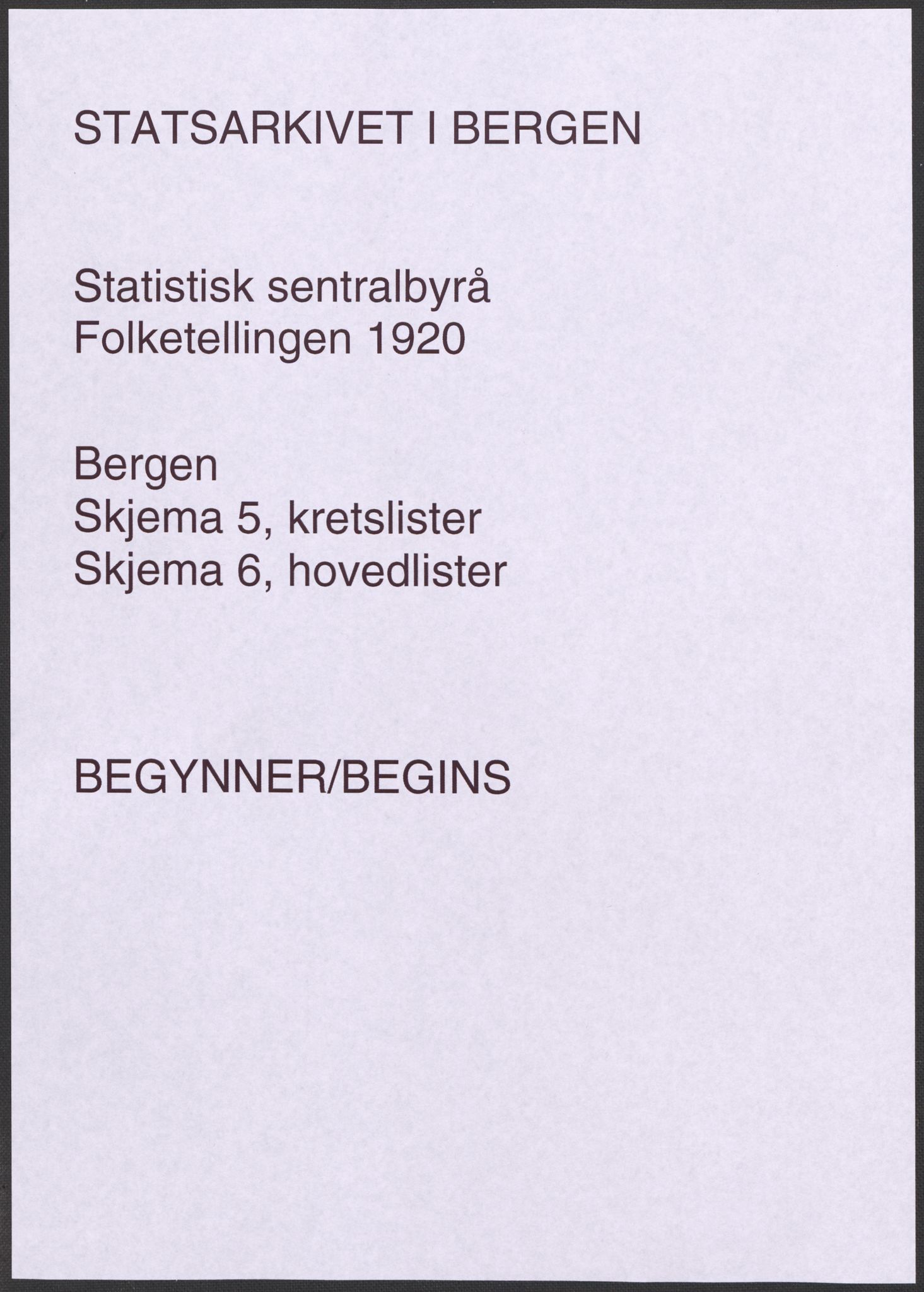 SAB, Folketelling 1920 for 1301 Bergen kjøpstad, 1920, s. 1