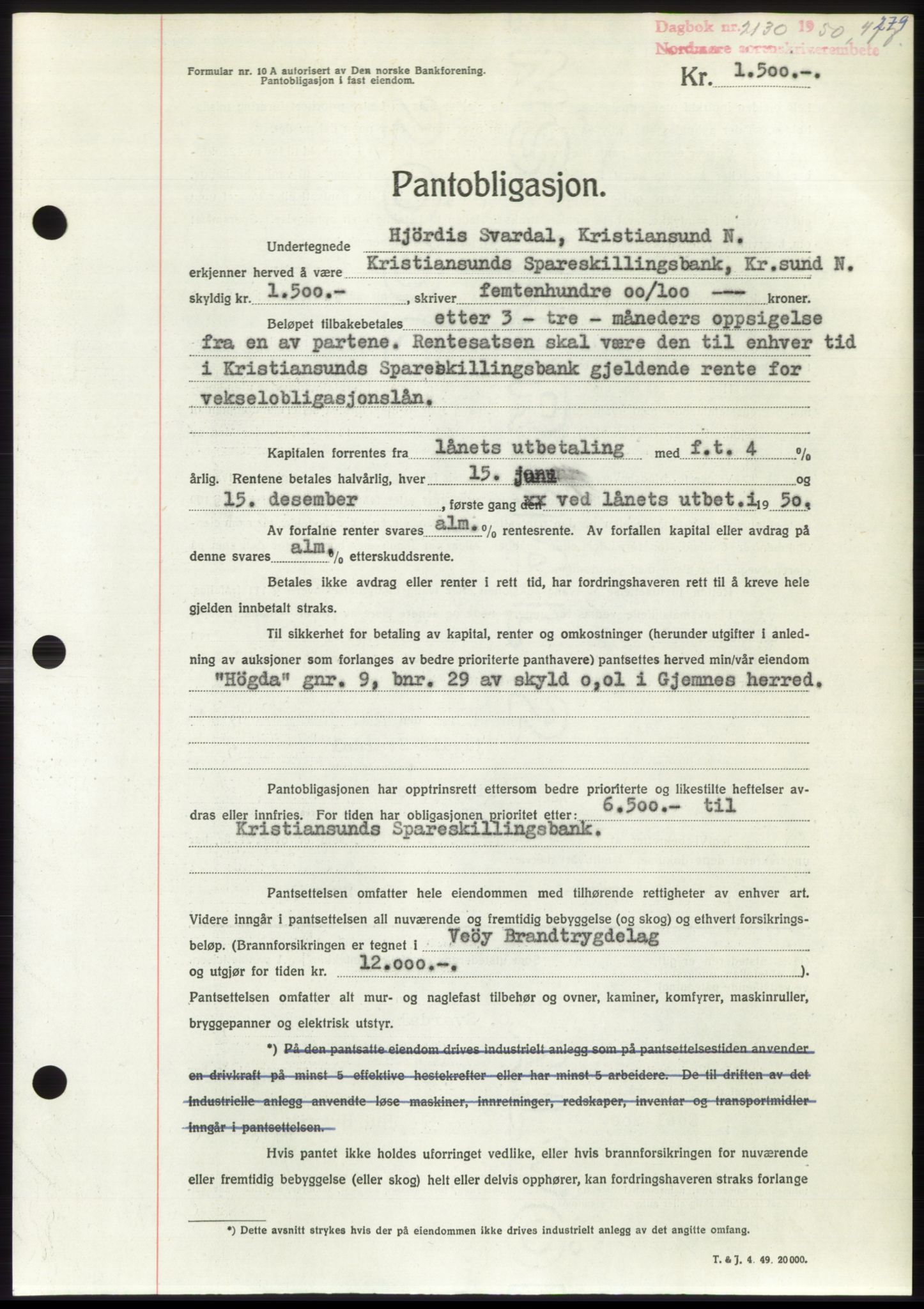 Nordmøre sorenskriveri, AV/SAT-A-4132/1/2/2Ca: Pantebok nr. B105, 1950-1950, Dagboknr: 2130/1950