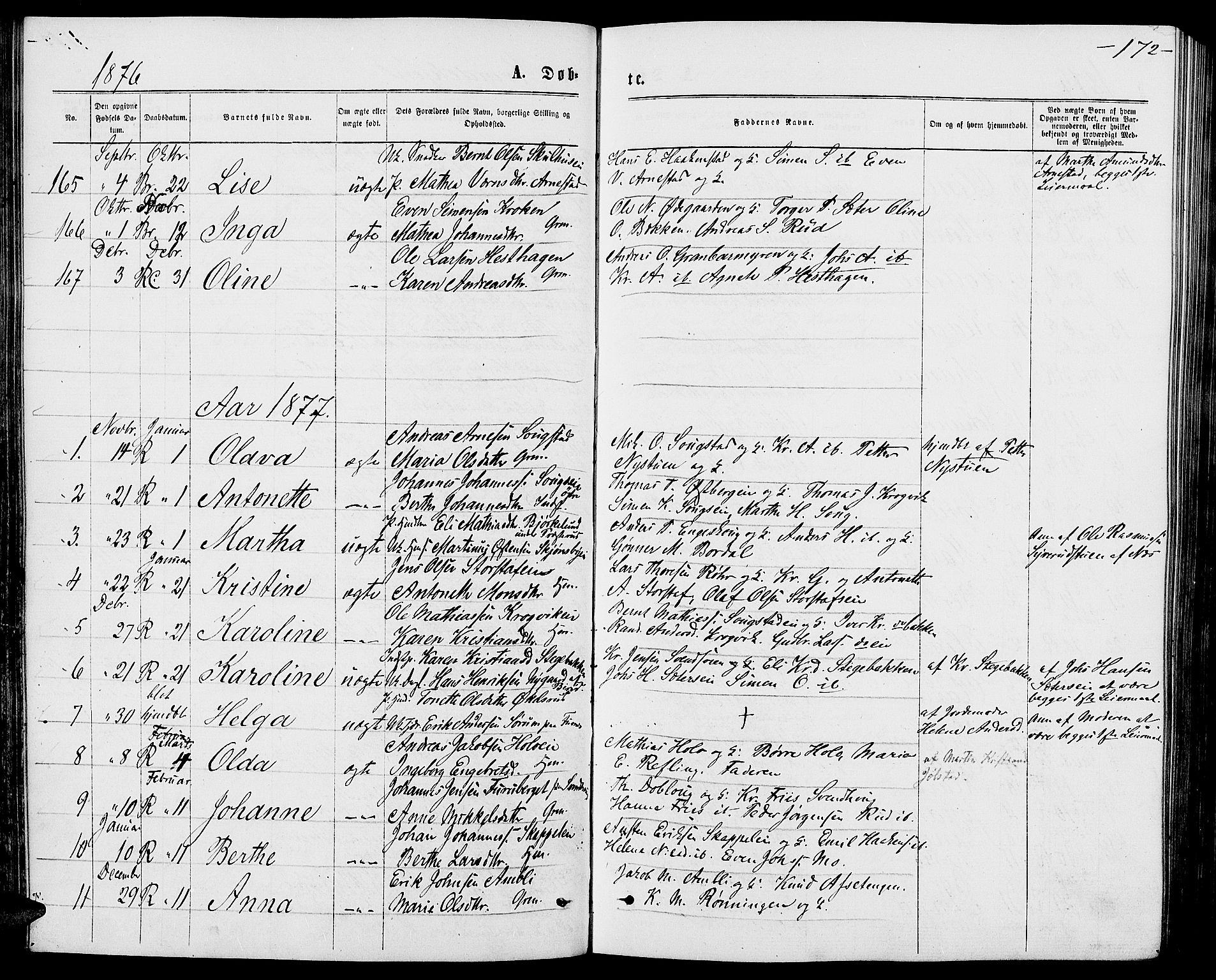 Ringsaker prestekontor, AV/SAH-PREST-014/L/La/L0008: Klokkerbok nr. 8, 1870-1878, s. 172