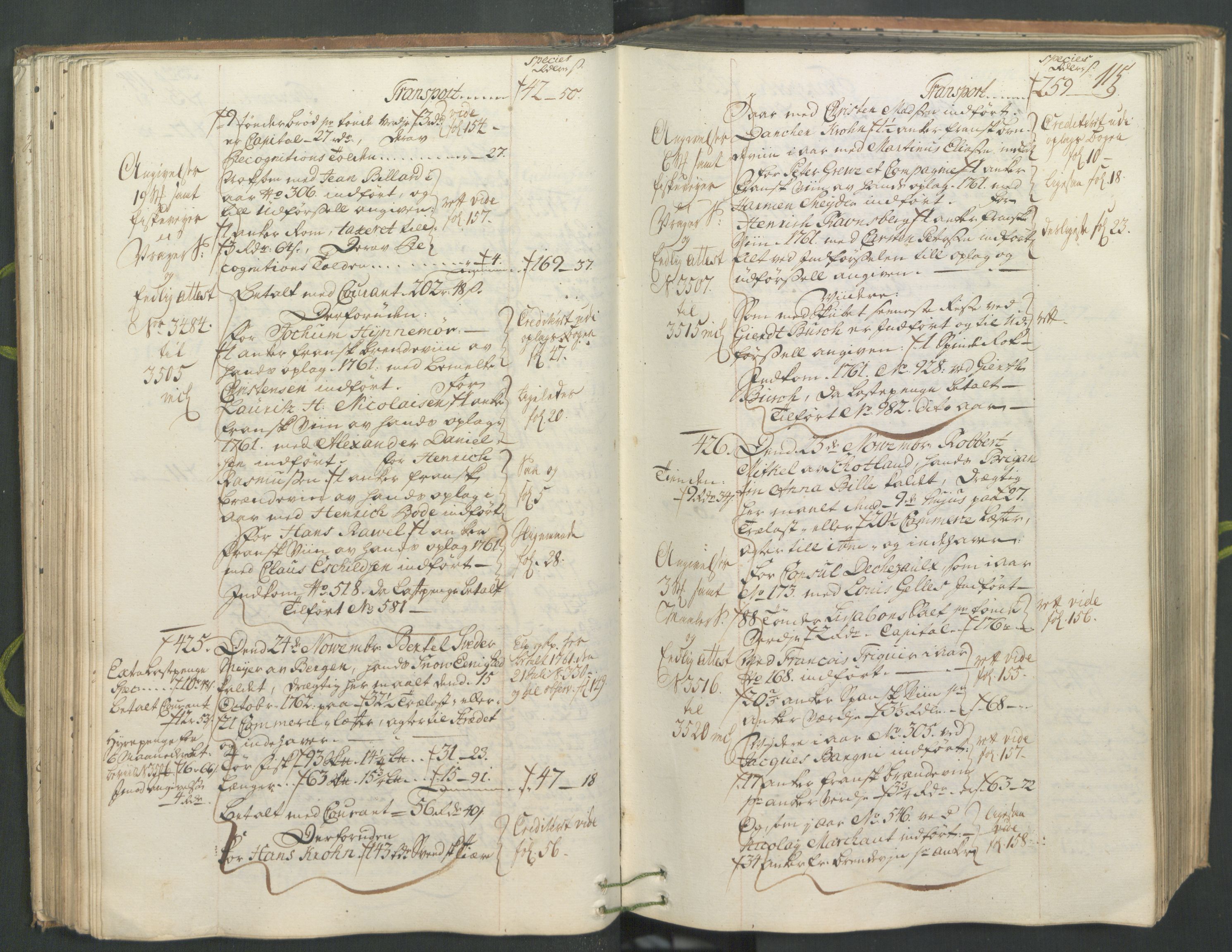 Generaltollkammeret, tollregnskaper, AV/RA-EA-5490/R26/L0102/0001: Tollregnskaper Bergen A / Utgående hovedtollbok, 1762, s. 114b-115a