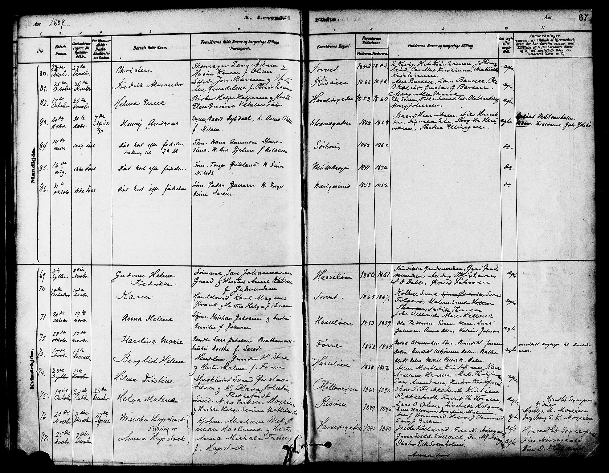 Haugesund sokneprestkontor, AV/SAST-A -101863/H/Ha/Haa/L0003: Ministerialbok nr. A 3, 1885-1890, s. 67