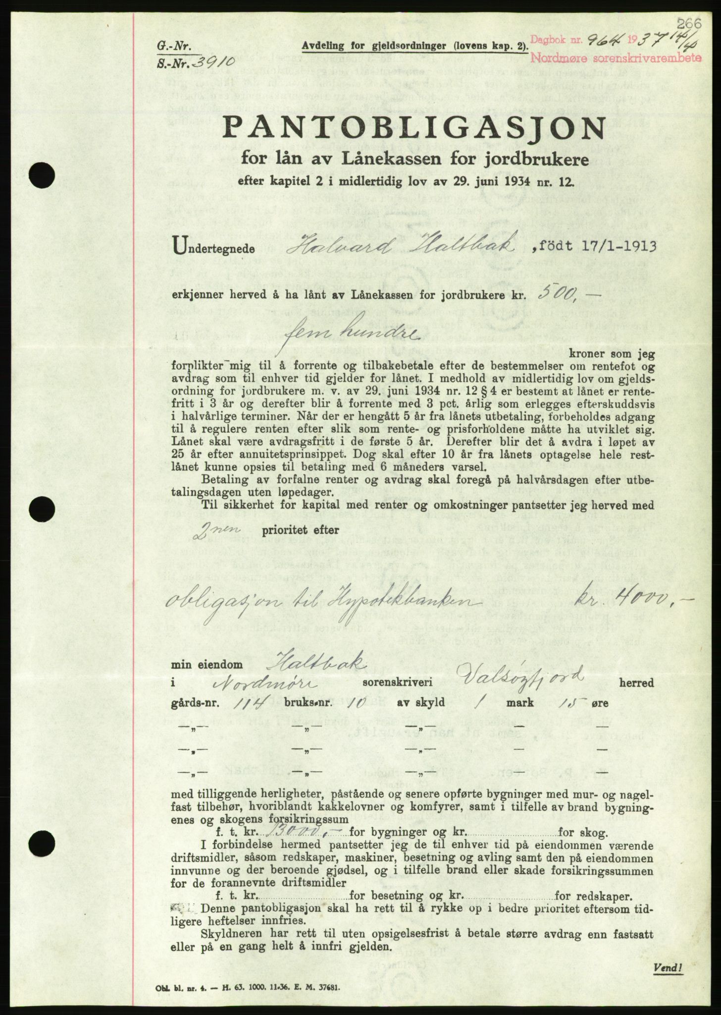 Nordmøre sorenskriveri, AV/SAT-A-4132/1/2/2Ca/L0091: Pantebok nr. B81, 1937-1937, Dagboknr: 964/1937