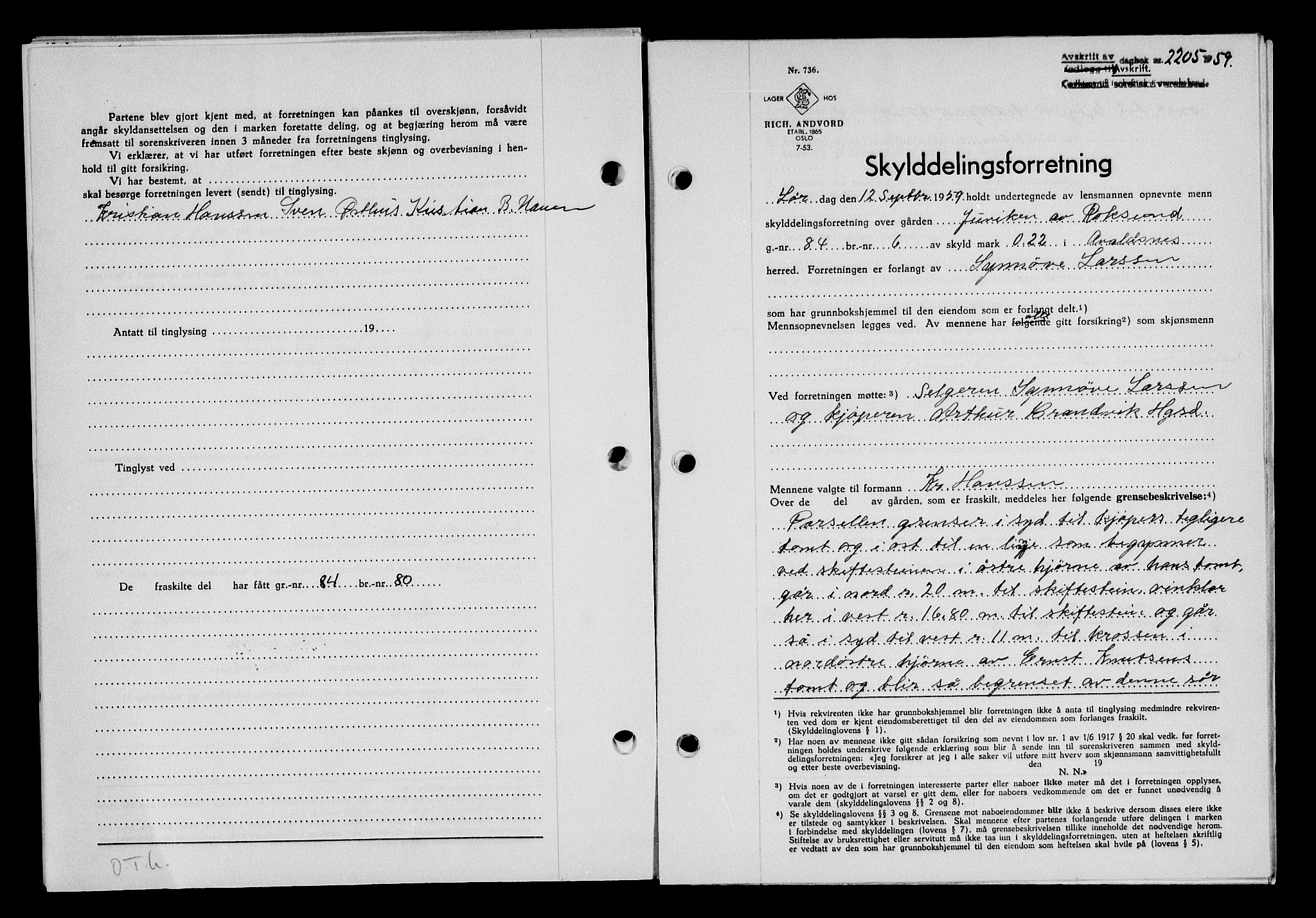 Karmsund sorenskriveri, SAST/A-100311/01/II/IIB/L0132: Pantebok nr. 112A, 1959-1959, Dagboknr: 2205/1959