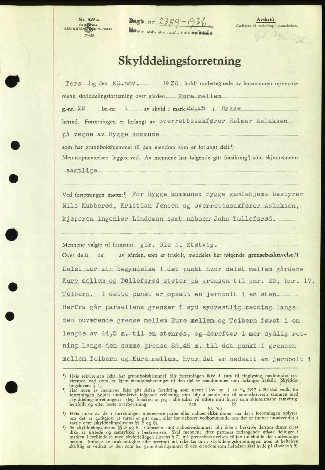Moss sorenskriveri, SAO/A-10168: Pantebok nr. A2, 1936-1937, Dagboknr: 2389/1936