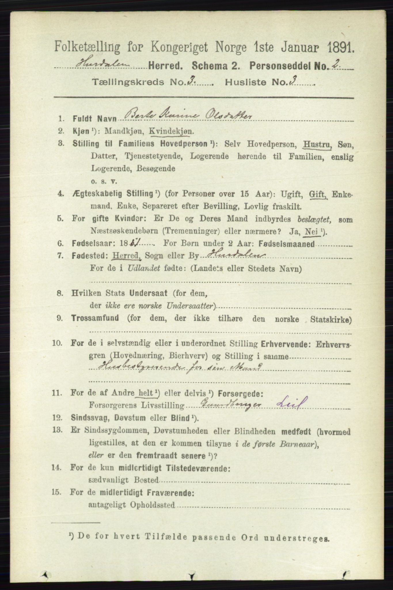 RA, Folketelling 1891 for 0239 Hurdal herred, 1891, s. 1042