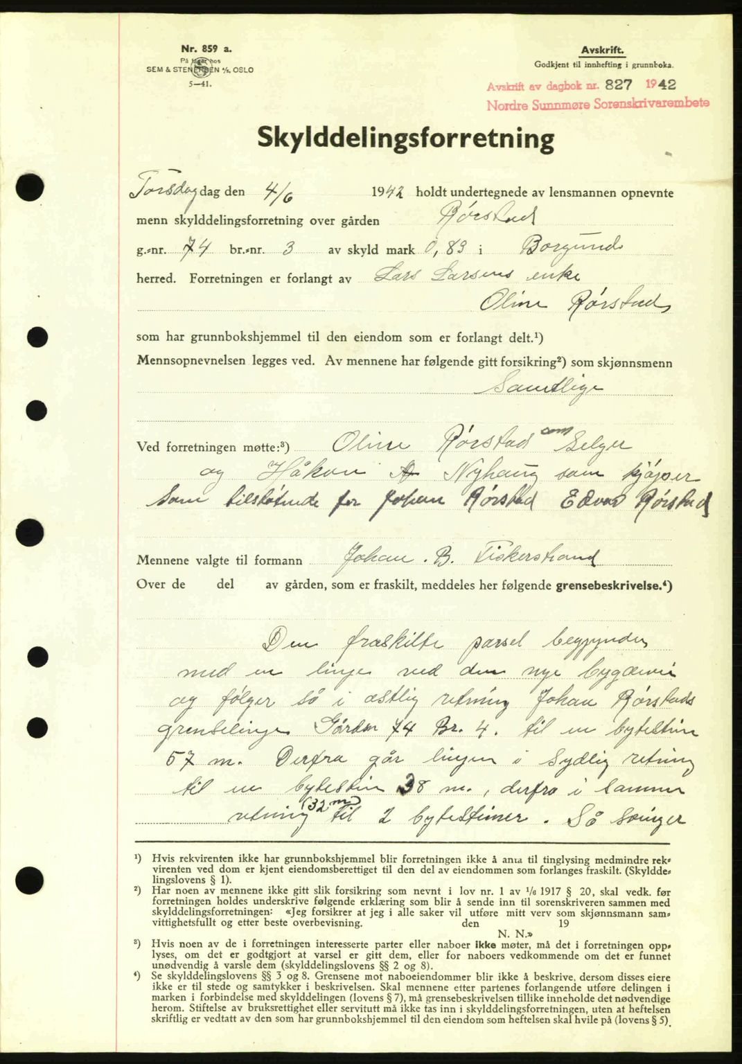 Nordre Sunnmøre sorenskriveri, AV/SAT-A-0006/1/2/2C/2Ca: Pantebok nr. A13, 1942-1942, Dagboknr: 827/1942