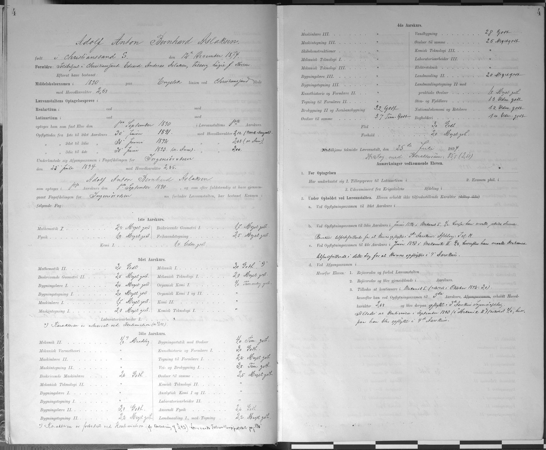 Trondhjems tekniske læreanstalt, AV/SAT-A-1622/G/Ga/L0047: Karakterprotokoll, faste elever, 1890-1899