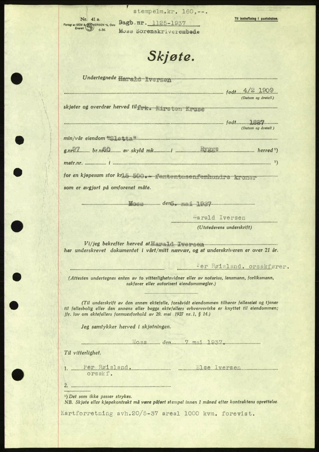 Moss sorenskriveri, SAO/A-10168: Pantebok nr. A3, 1937-1938, Dagboknr: 1125/1937