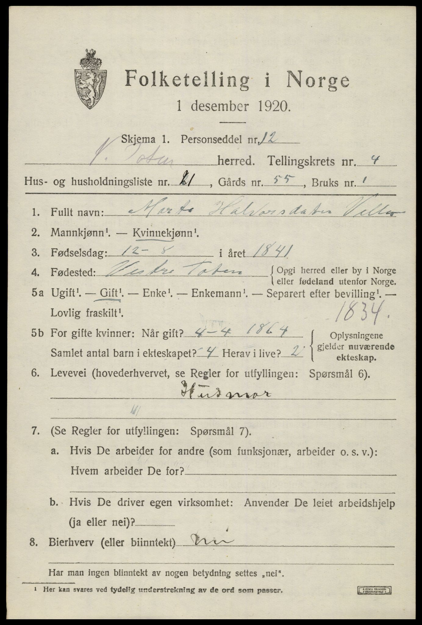 SAH, Folketelling 1920 for 0536 Søndre Land herred, 1920, s. 4957