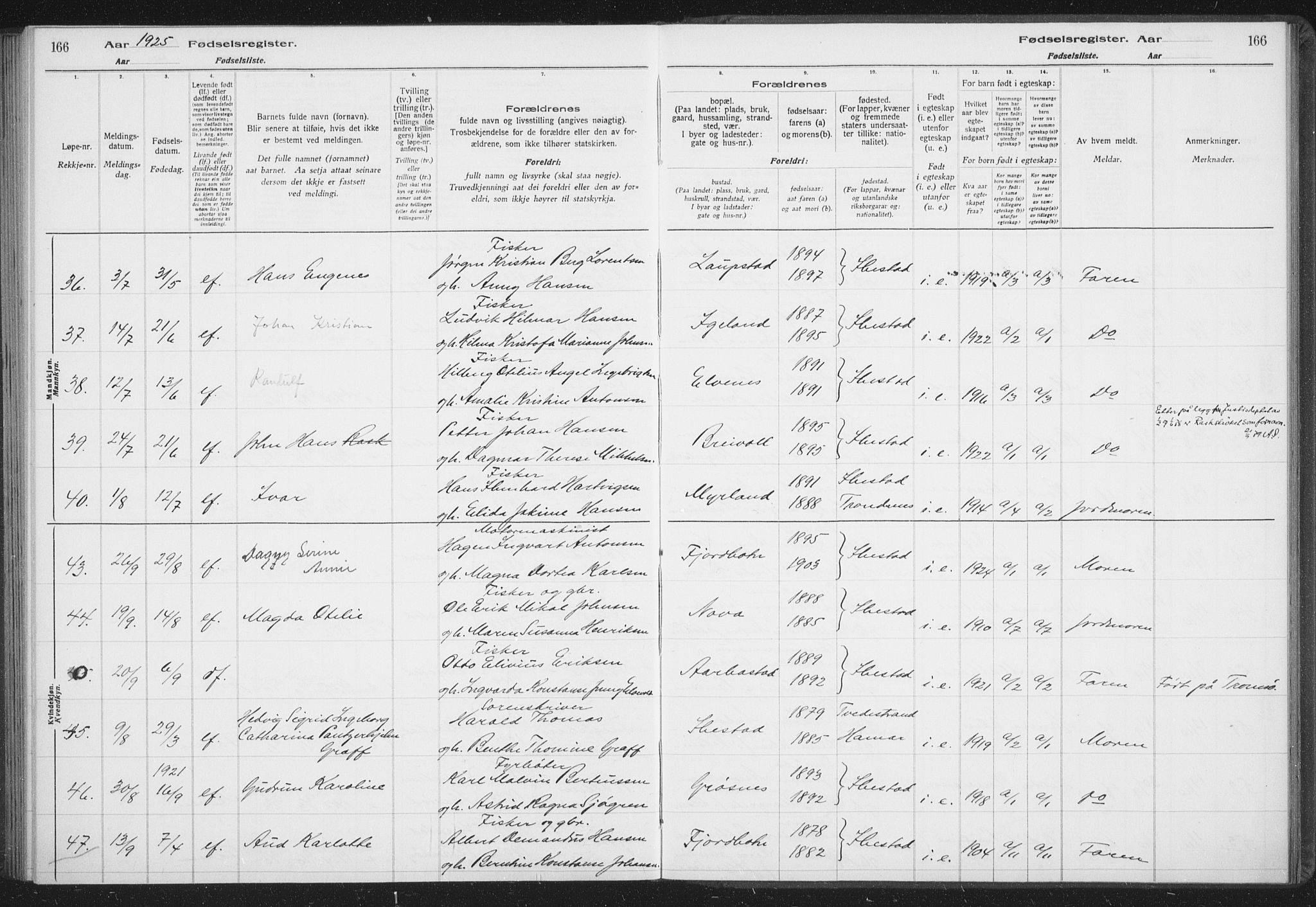 Ibestad sokneprestembete, AV/SATØ-S-0077/I/Ic/L0061: Fødselsregister nr. 61, 1917-1929, s. 166
