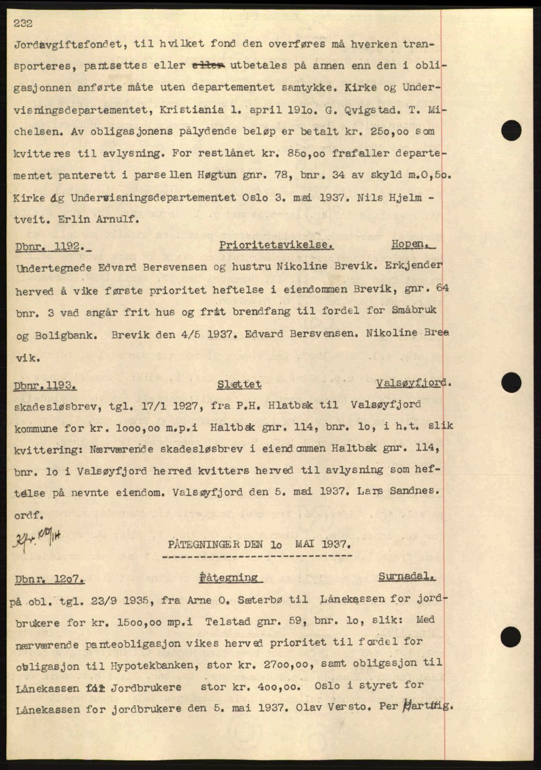 Nordmøre sorenskriveri, SAT/A-4132/1/2/2Ca: Pantebok nr. C80, 1936-1939, Dagboknr: 1192/1937
