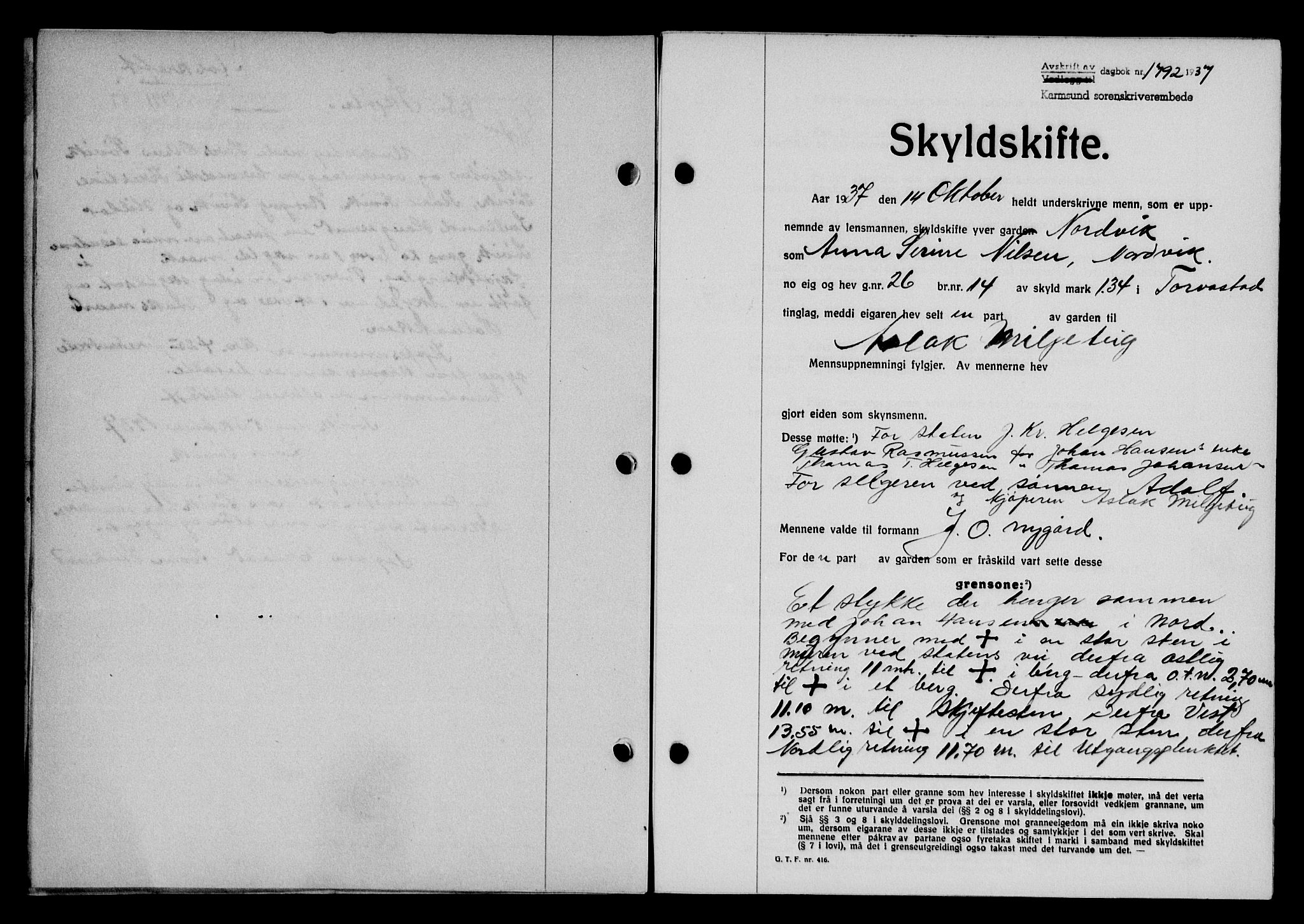 Karmsund sorenskriveri, SAST/A-100311/01/II/IIB/L0068: Pantebok nr. 49A, 1937-1937, Dagboknr: 1792/1937