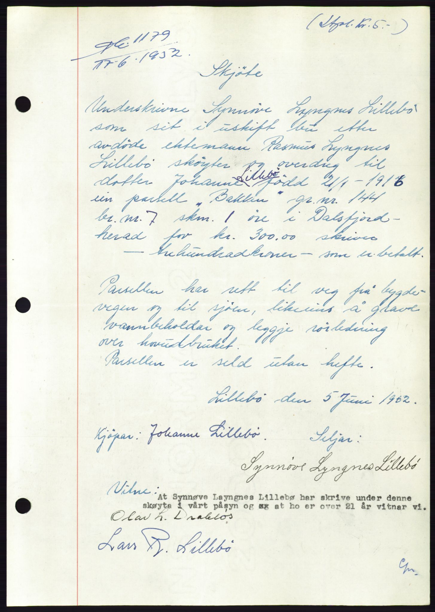 Søre Sunnmøre sorenskriveri, AV/SAT-A-4122/1/2/2C/L0092: Pantebok nr. 18A, 1952-1952, Dagboknr: 1179/1952
