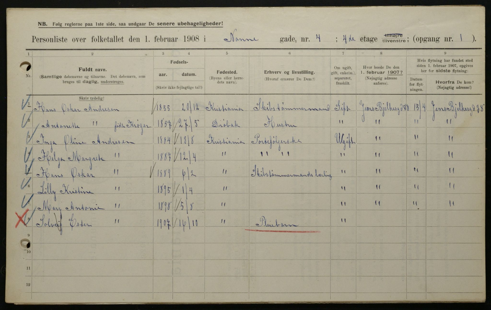 OBA, Kommunal folketelling 1.2.1908 for Kristiania kjøpstad, 1908, s. 64031