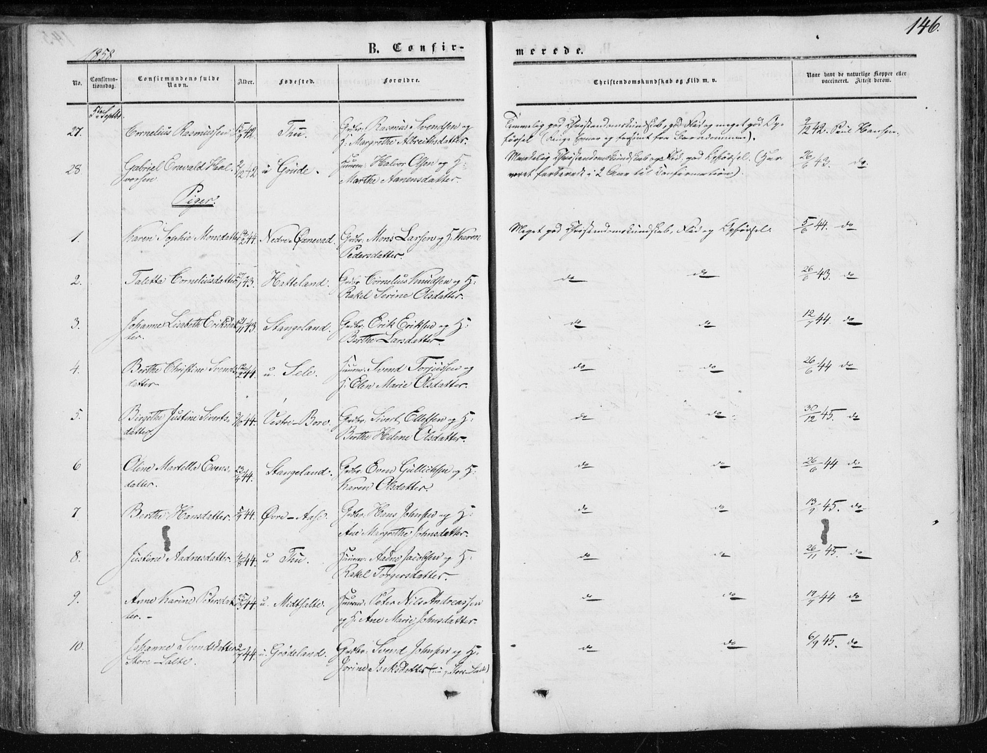 Klepp sokneprestkontor, SAST/A-101803/001/3/30BA/L0005: Ministerialbok nr. A 5, 1853-1870, s. 146